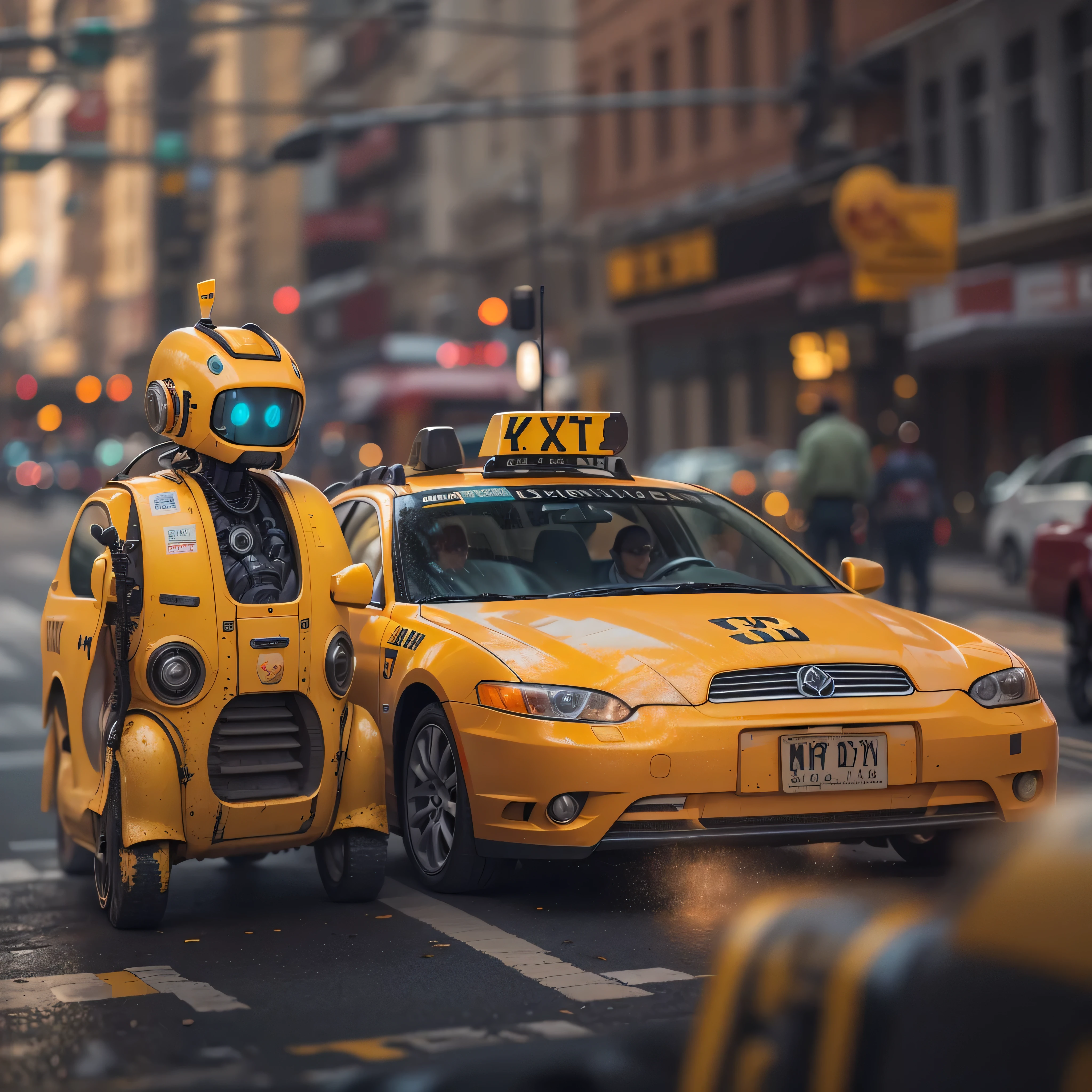 An artificial intelligence Cabdriver robot, in a yellow cab, and the robot is the driver, photo-realistic, octane render, unreal engine, ultra-realistic