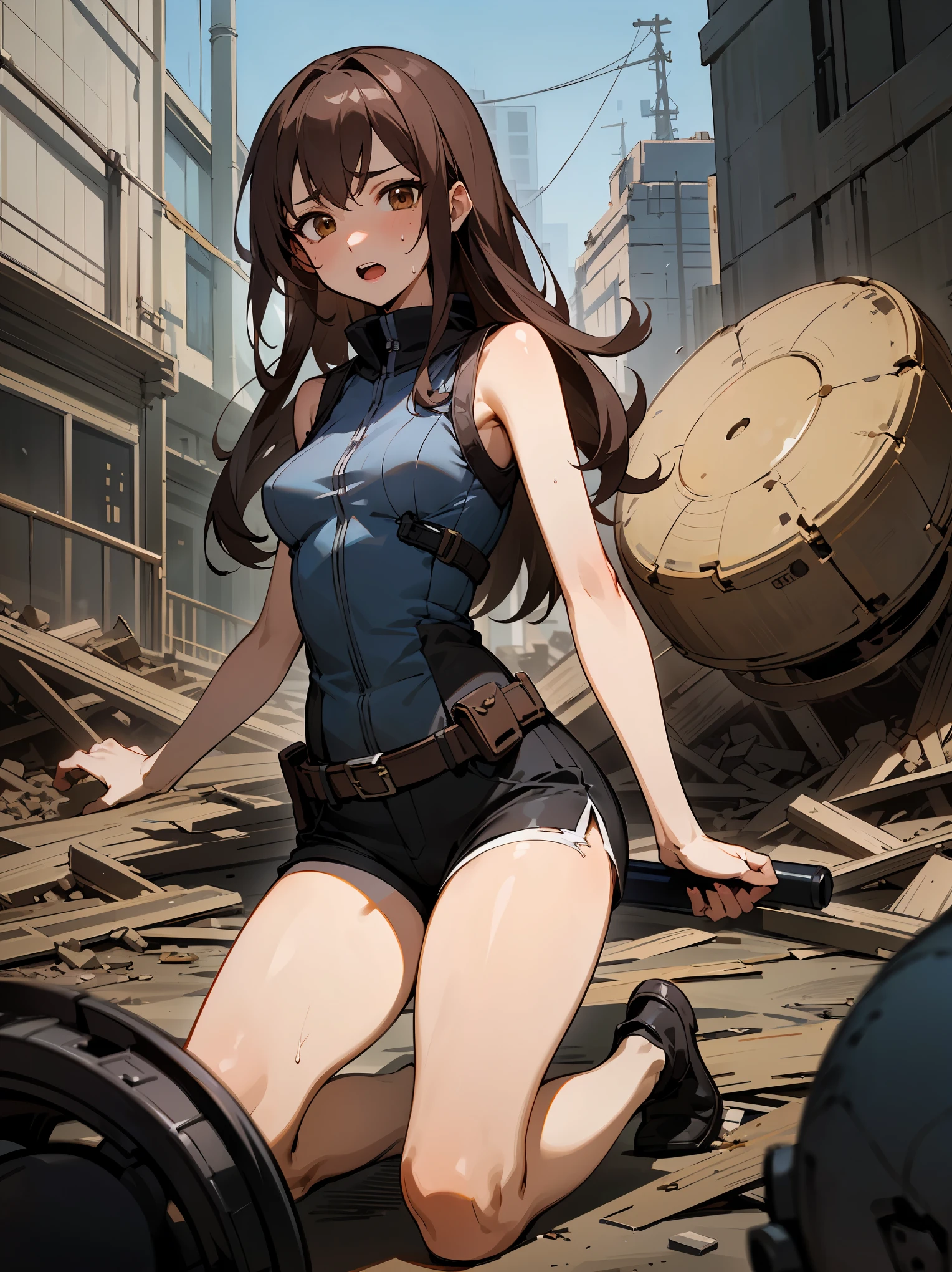 ((fine lineart)), (masterpiece,best Quality),extremely beautiful detai led anime face and eyes,cowboy shot,nsfw,20-year-old、Beauty,monster hunter、solo, brown hair,long hair,brown eyes,open mouth,It hurts、slender body,very small head、medium breasts,brown skin,gleaming skin,oily skin,shiny skin,sweat,injury、bleed、kneeling,(torn clothes:1.3,Black combat uniform,black tactical vest、sleeveless),black Micromini shorts、the ground explodes、bomb,Collapsed high-rise buildings、apocalyptic world、Ruined Tokyo、moonlight、at night、
