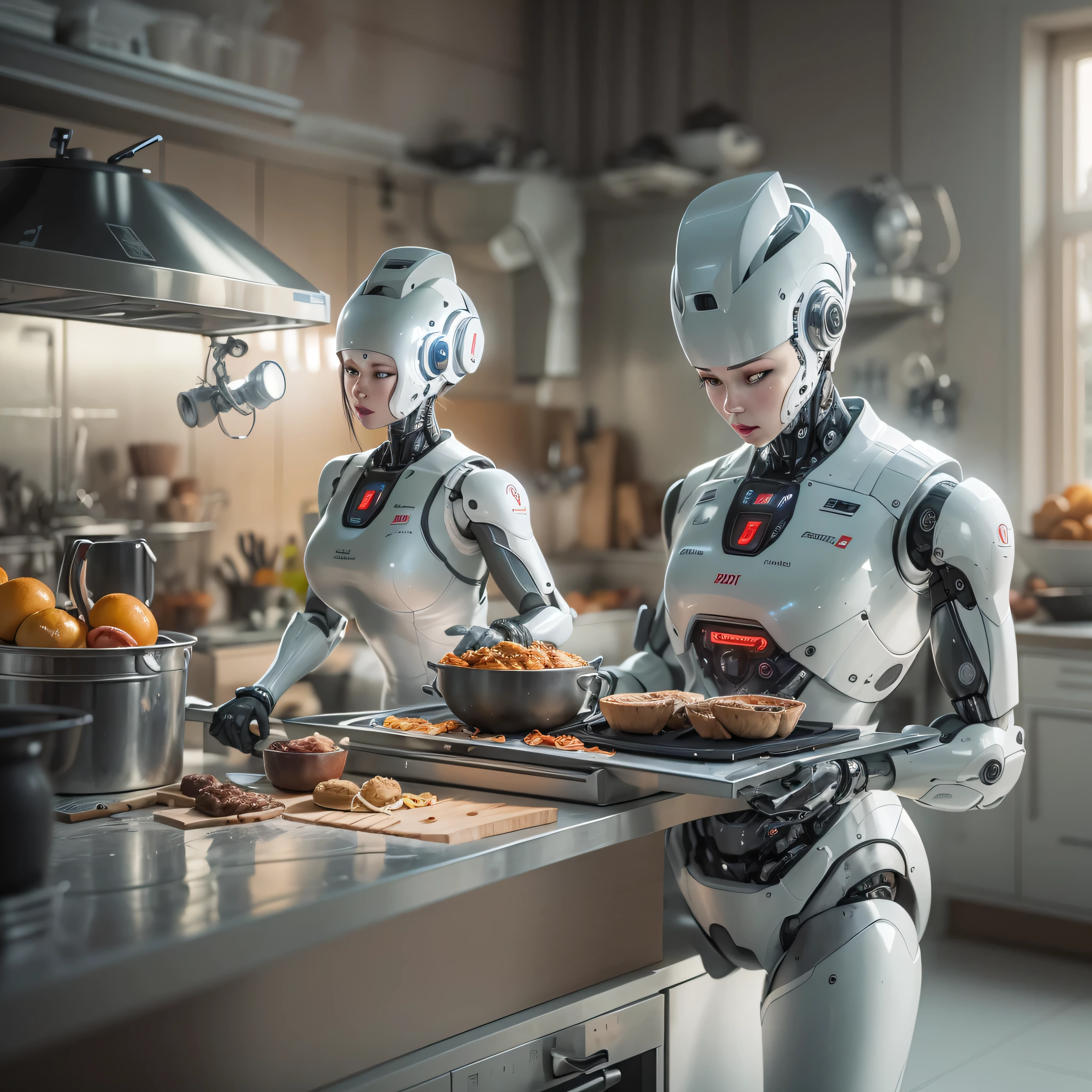 An artificial intelligence chef robot, in a kitchen, and the robot is the cook, photo-realistic, octane render, unreal engine, ultra-realistic