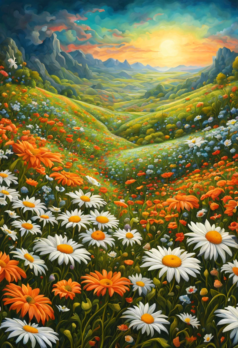 Morning sunlight soft colors fantasy flower field daisies and pastel flowers,Intricate Details Whimsical Fantasy Landscape Art Intricate Details, masterpiece, Beautiful detailed ultra high definition beautiful art 