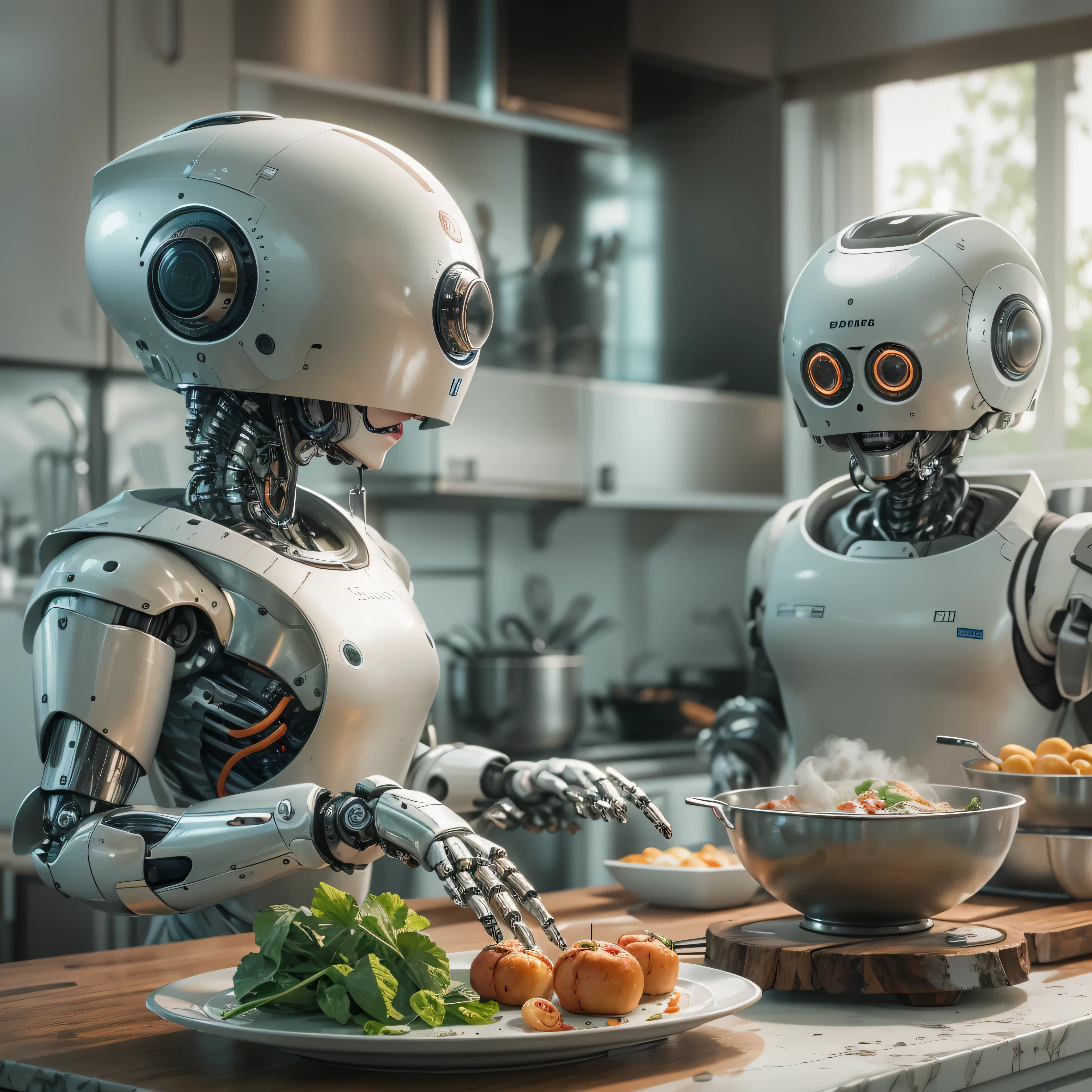 An artificial intelligence chef robot, in a kitchen, and the robot is the cook, photo-realistic, octane render, unreal engine, ultra-realistic