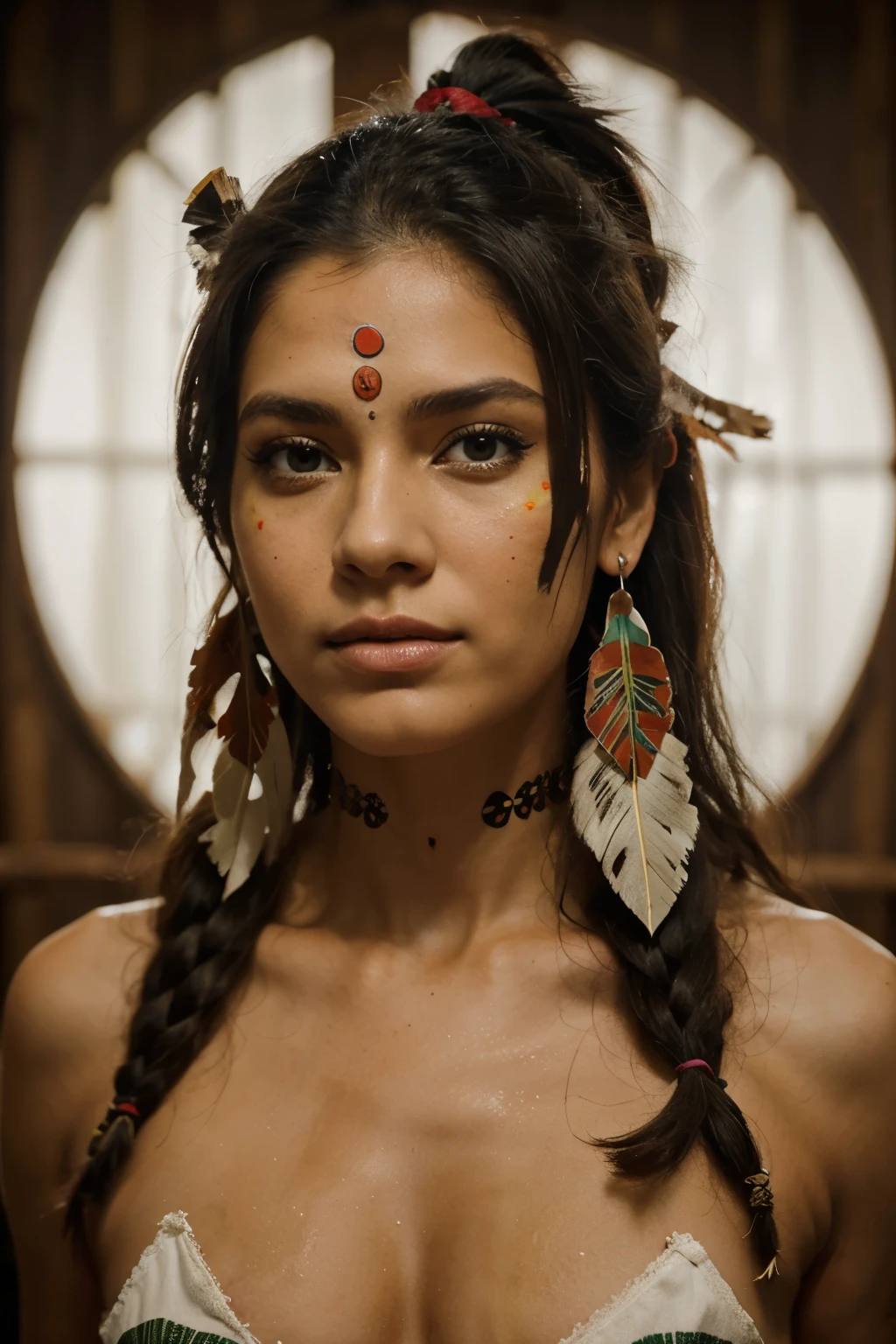 Woman in her 30s with dark wavy hair, beautiful smile and big eyelashes. Smiling and with tribal paint on his face
