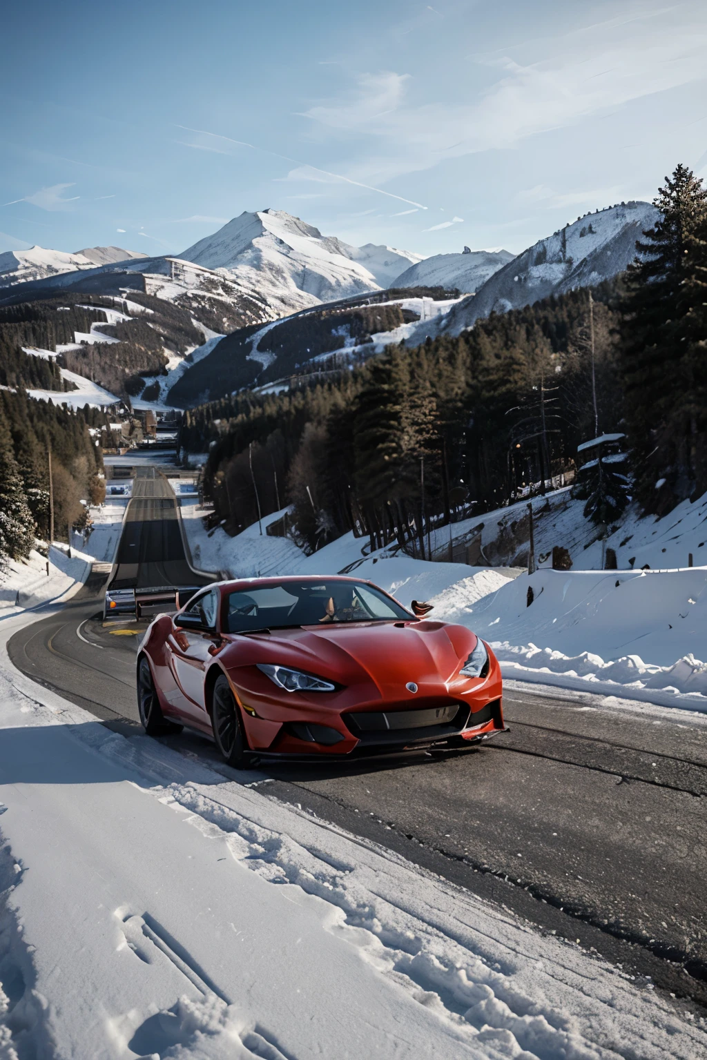812 superfast racing on a snowy alpine road