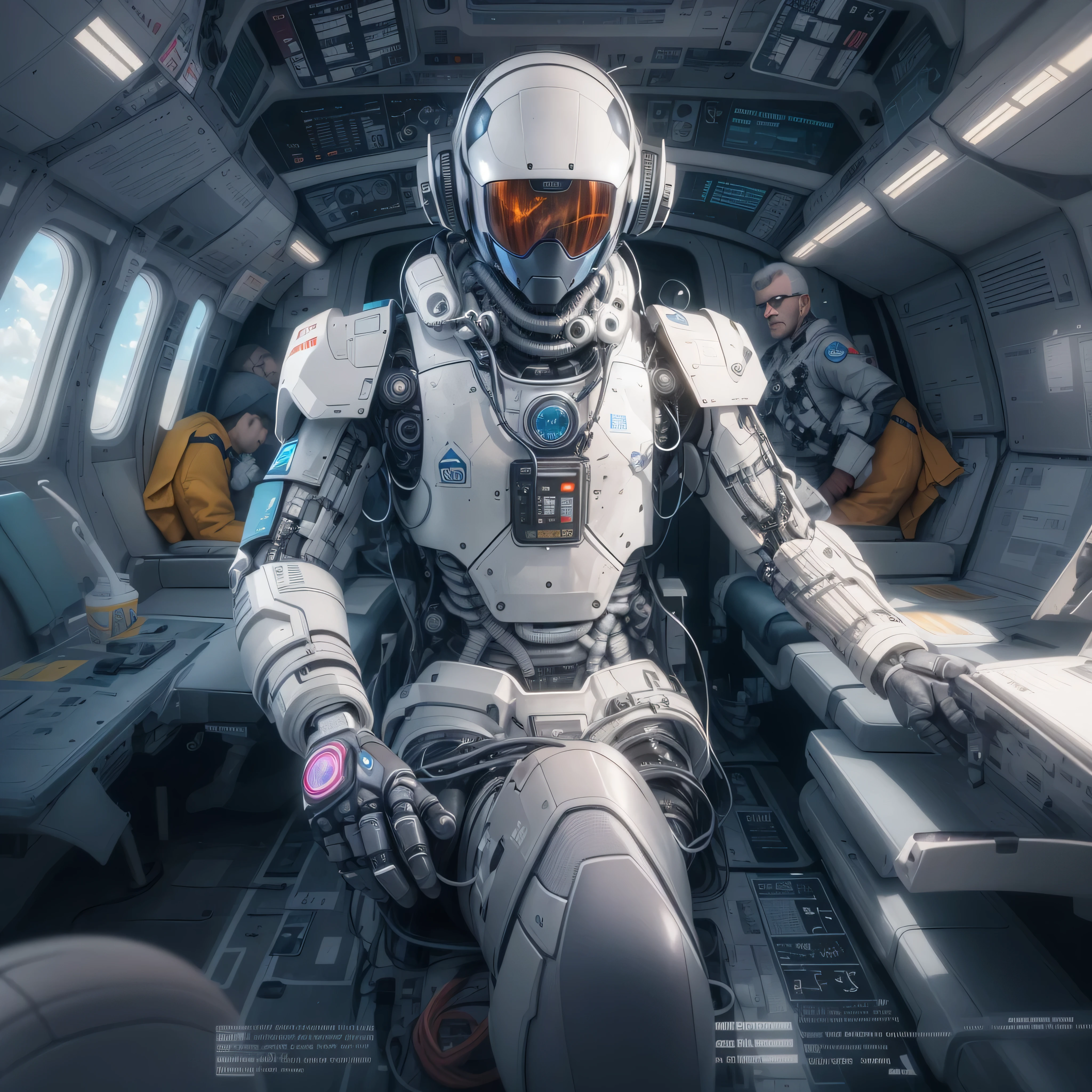 An artificial intelligence Pilot robot, in a Plane, and the robot is wearing a pilot's uniform, Pilot hat, photo-realistic, octane render, unreal engine, ultra-realistic