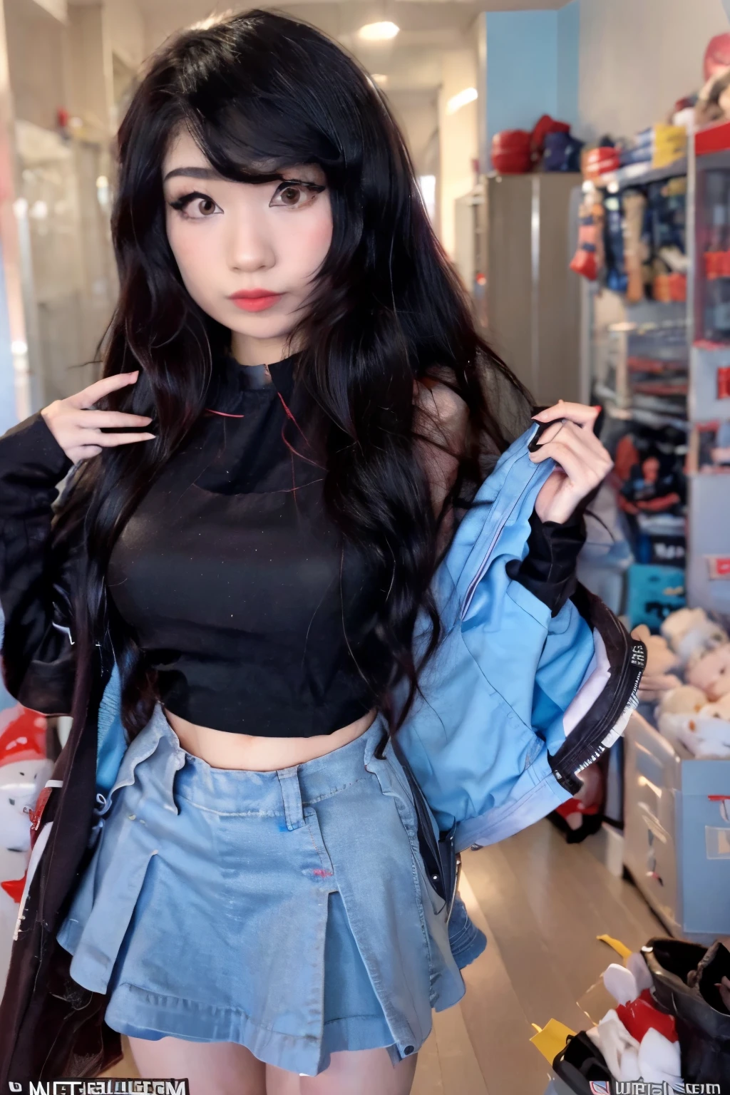 Realistic arafed woman, long black hair, short dark red jacket, red crop top, baby blue skirt, and baby blue sneakers, realistic, life-like, ig model | artgerm, sakimi chan, ruan cute vtuber, sakimichan, cute natural anime face, black hime cut hair, young cute wan asian face, Emiru, (twitch streamer Emiru), detailed images of Emiru, full body image, detailed beautifully brown eyes, smaller eyes,