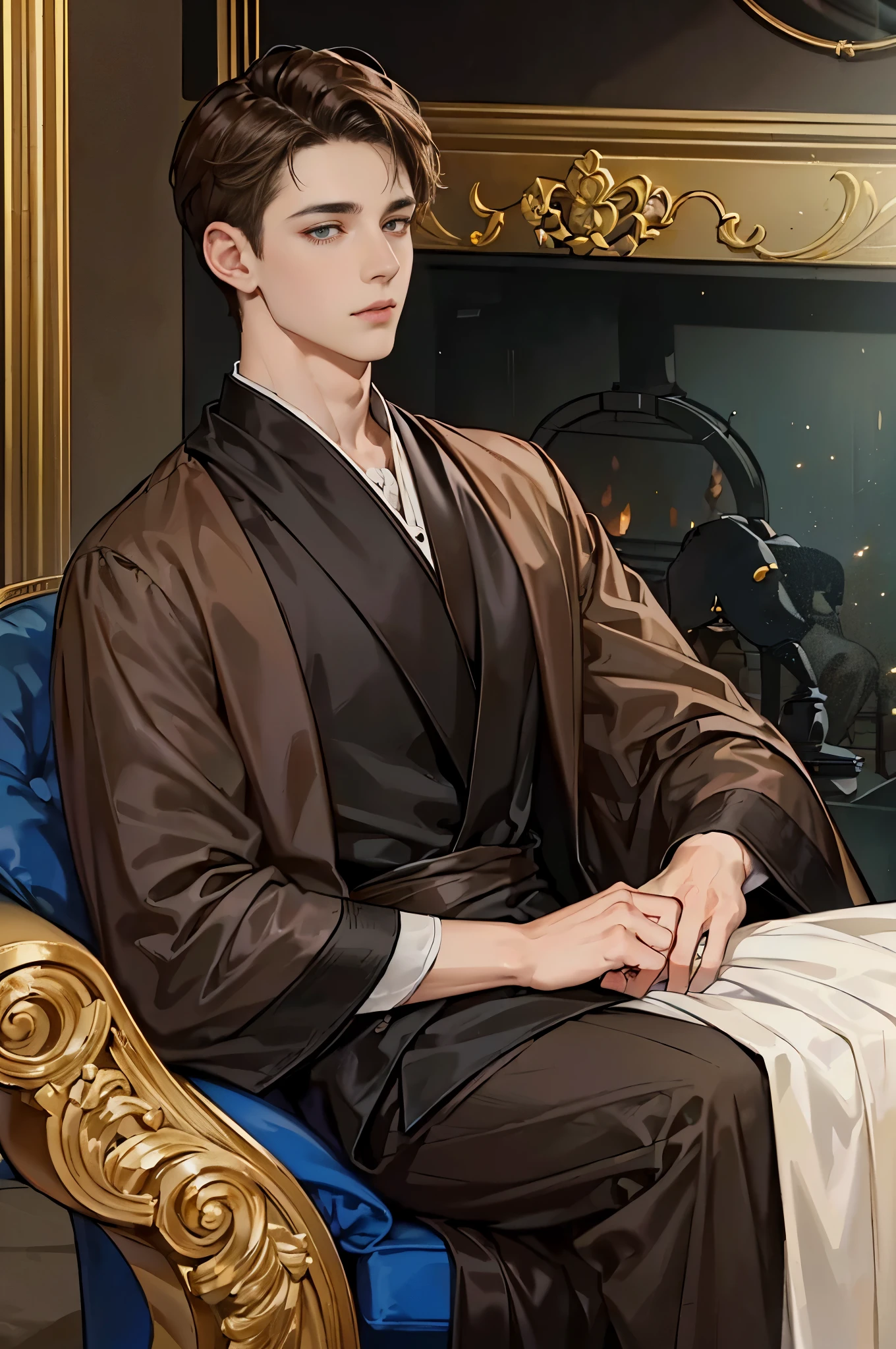 , Boy (7 ), chess, against the backdrop of an aristocratic living room, fireplace in the background, Boy сидит на диване, Brown hair, Dark eyes, Masterpiece, High detail, Best quality, very detailed face ((Dark eyes, Brown hair, smooth skin)), blue silk robe