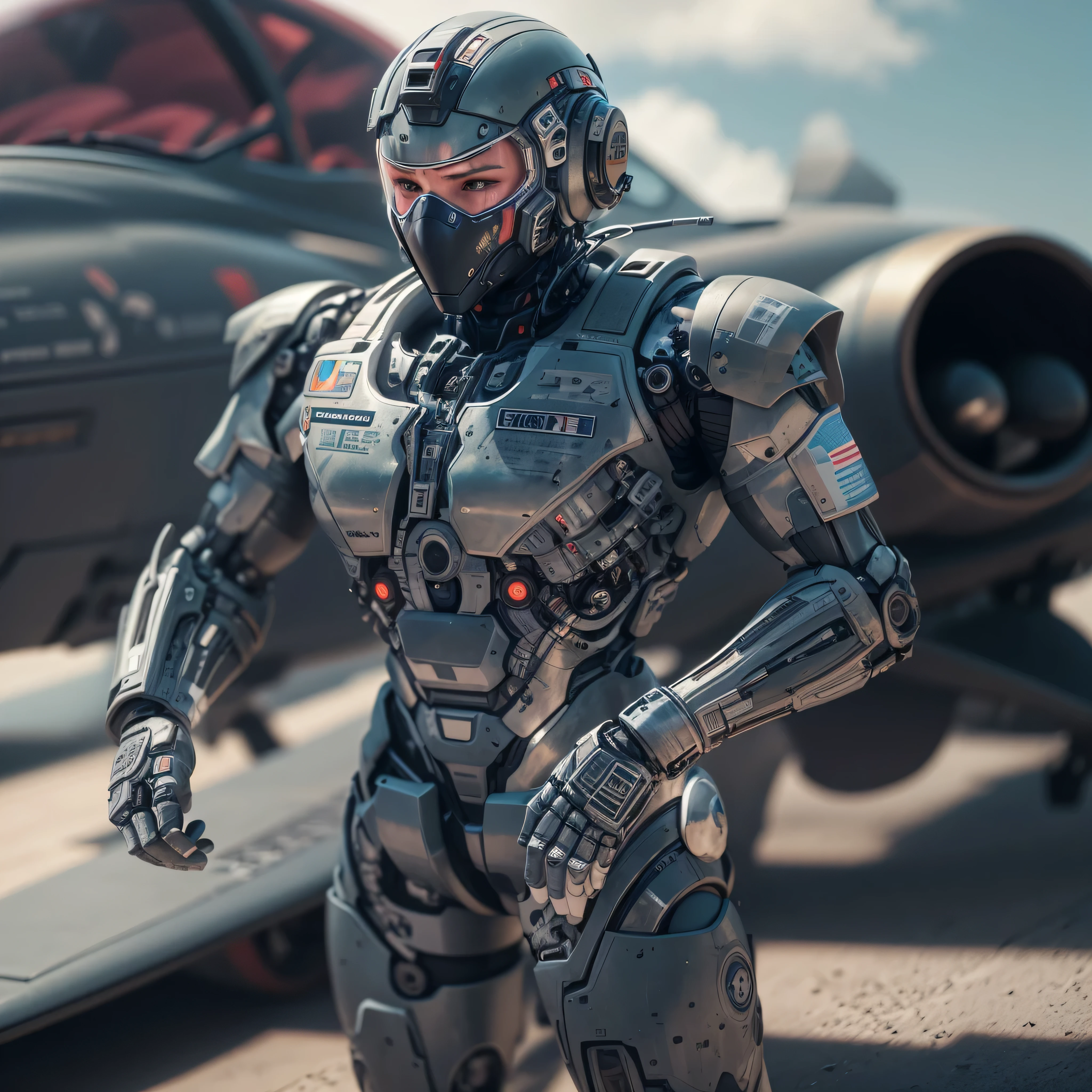 An artificial intelligence Fighter Pilot robot, in a fighter jet, and the robot is the pilot, photo-realistic, octane render, unreal engine, ultra-realistic
