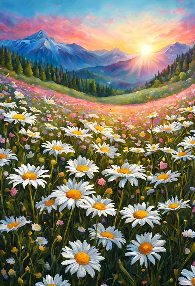 Fantasy flower field of daisies and pastel flowers,Intricate Details Whimsical Fantasy Landscape Art Intricate Details, masterpiece, Beautiful detailed ultra high definition beautiful art
