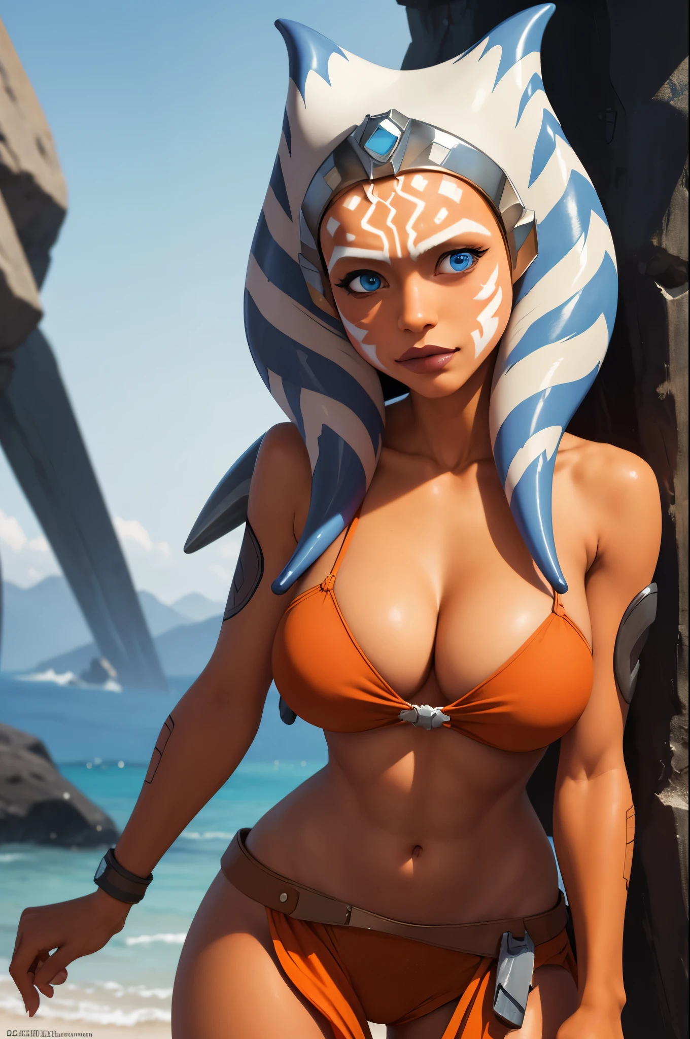 (masterpiece, best quality), 1girl, beautiful face,   ahsoka_tano, orange skin, facial mark, tattoo, cleavage, big breasts