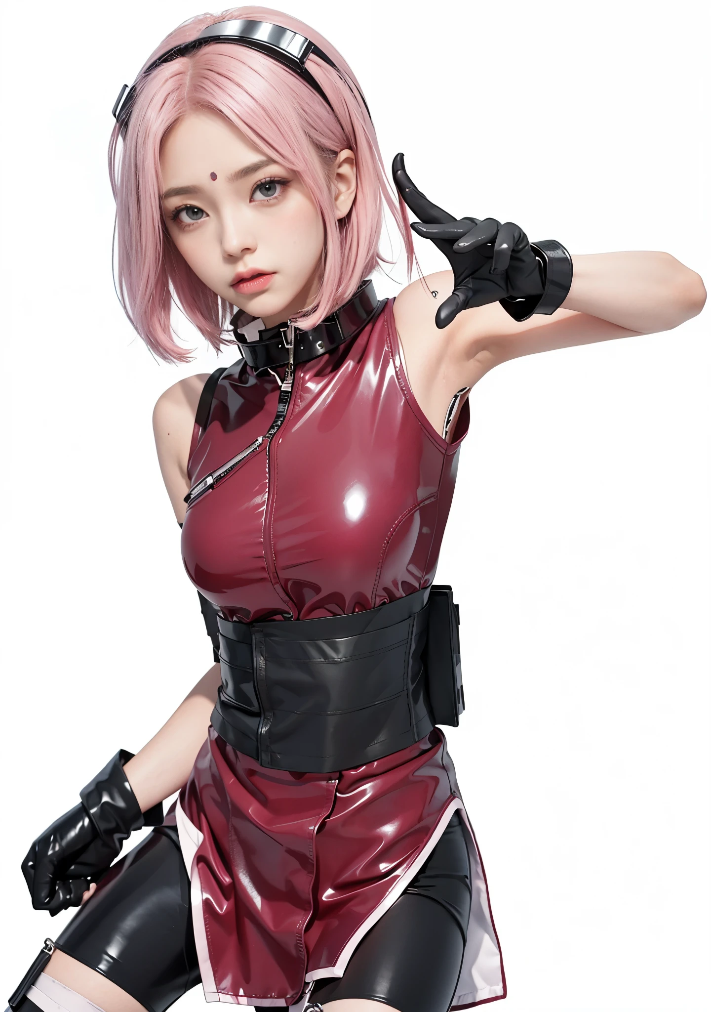 a pink hair、wearing black gloves、Woman with knife, Haruno Sakura, Haruno Sakura, Haruno Sakura in slug sage mode, Ono City, From Naruto, Haruya Yayoi, pink iconic character, bad posture, hints of Haruya Yayoi, Sarsura, anime style characters, anime characters, best anime characters design, female anime characters,black headband,black clothes,Latex clothing,Latex clothing,Latex clothing,latex gloves,collar,collar,collar,collar,Latex clothing,Oil shiny