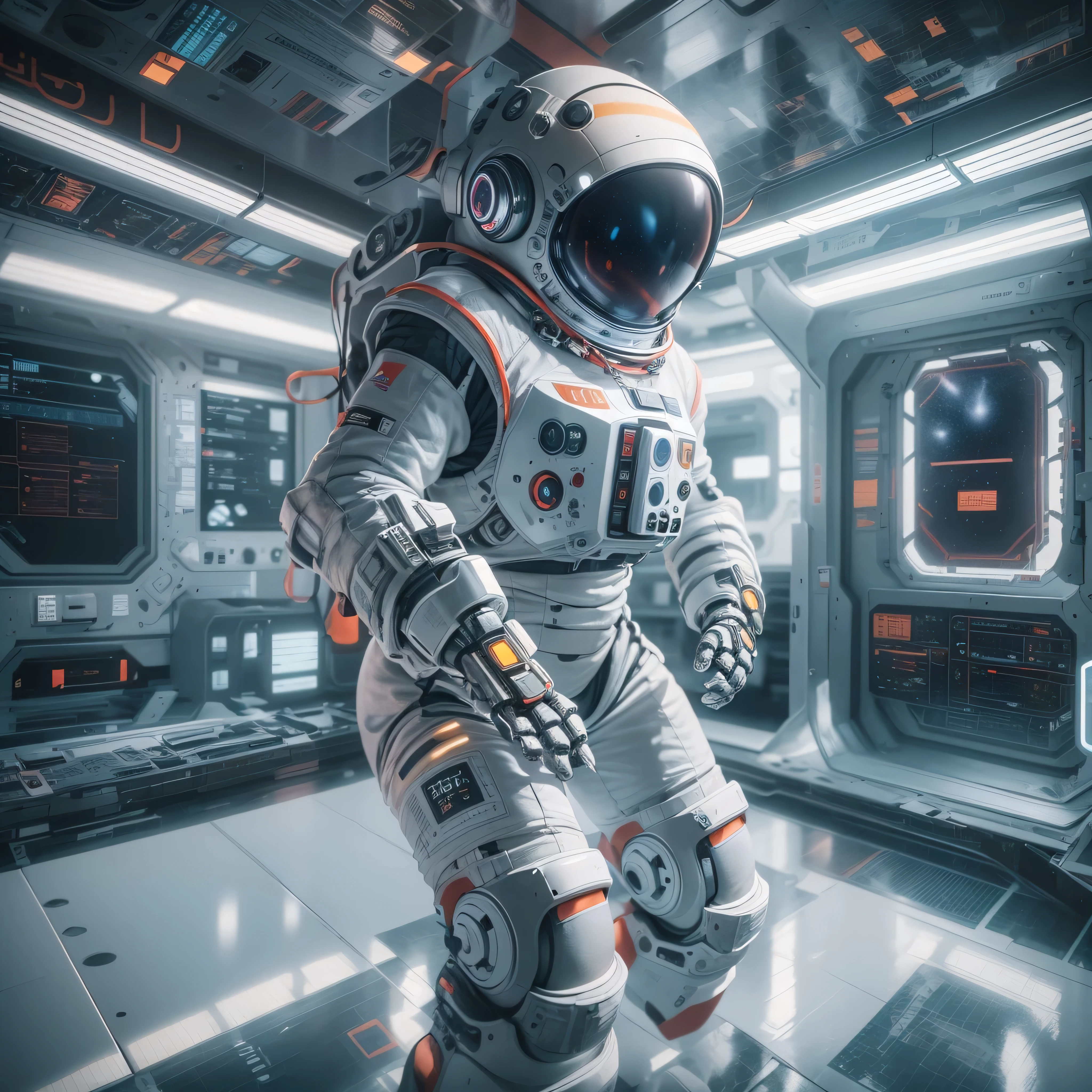 An artificial intelligence RobotAstronaut robot, in a space station, and the robot is the astronaut, photo-realistic, octane render, unreal engine, ultra-realistic