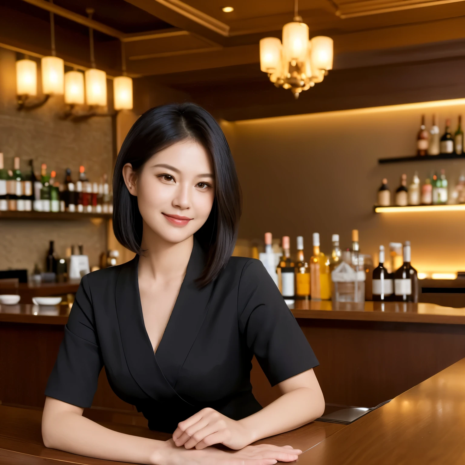 (best quality,realistic,portrait,masterpiece:1.2),attentive service,vivid colors,professional,beautiful receptionist,hotel bar,assisting customers,medium:oil painting,detailed eyes,focus on the foreground,receptionist's clothing,assisting customers,middle-distance background,professional attitude,work uniform,well-groomed appearance,bar counter,customer interaction,soft lighting,friendly smile,helpful gestures,reception desk,ambient music,neat hairstyle,well-lit environment,bar accessories,beverage glasses,customer satisfaction,elegant ambiance,warm color tones,engaging conversation,hospitality,excellent service,relaxing atmosphere