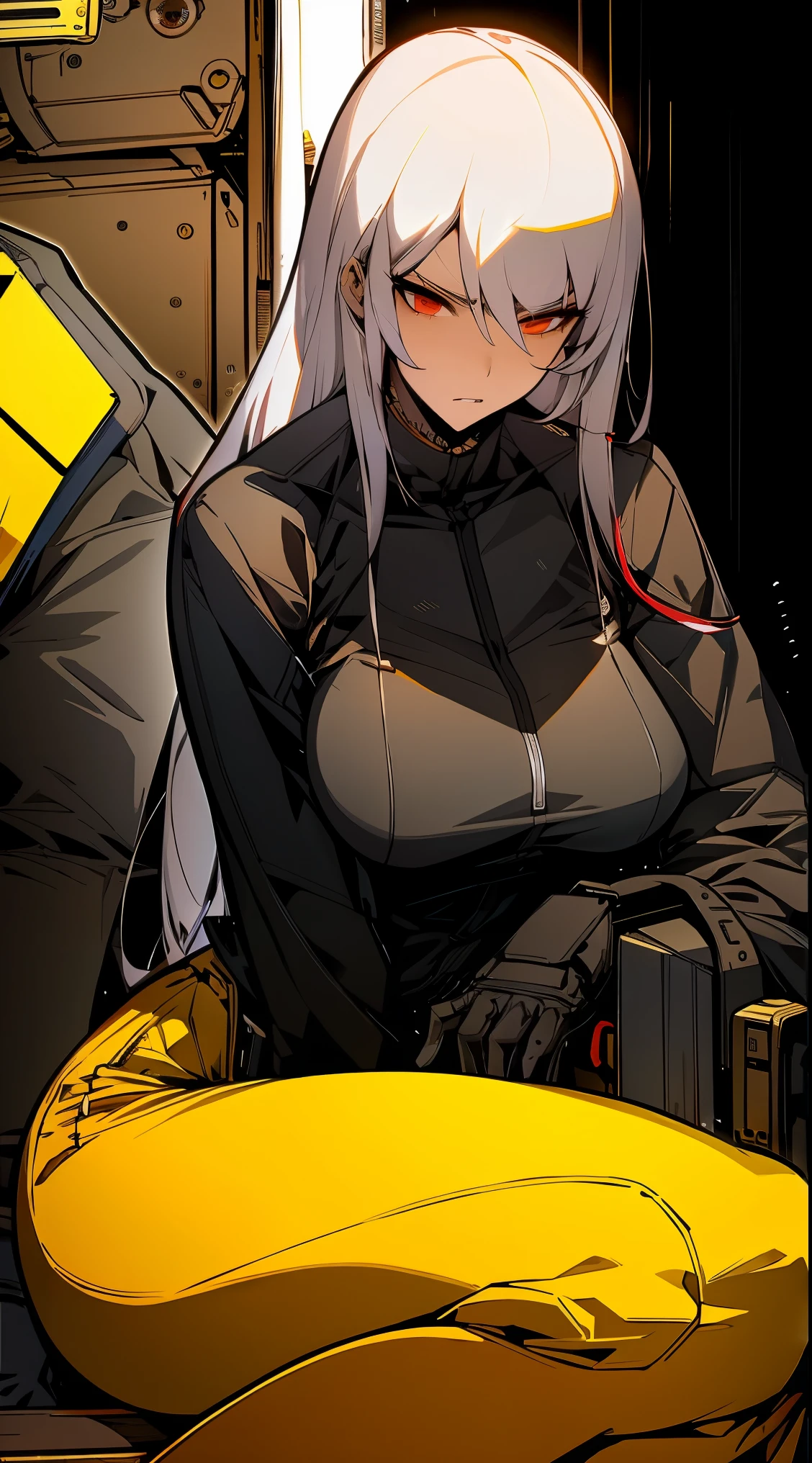 (High resolution), (in 8K), (Extreme Detail), (Best Illustration), (beautiful detail), (Best Quality), (masuter piece), ( Detailed face), (black and yellow jacket、cargo pants)full body 、sitting on a pill of box, red eyes, white hair、poneyTail、 Realistic fantasy rendering, Realistic anime girl rendering, Full body portrait, popular in CGSTATION、cyberpunk city、、、bored look、angry、hot air、Looking at the camera