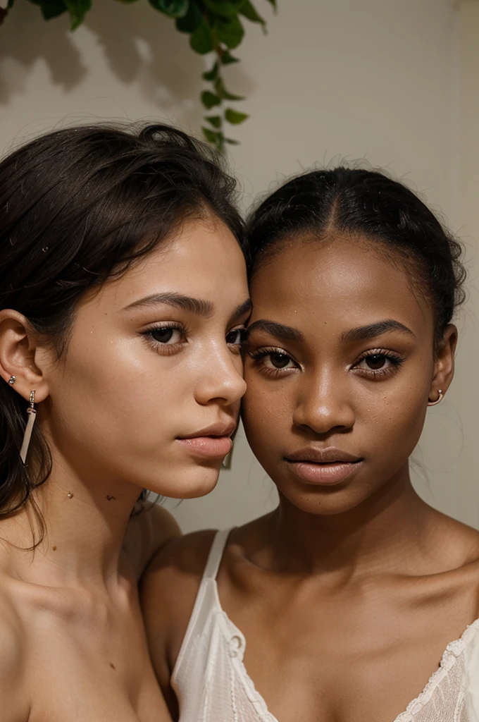  20 year old black woman, who has a very natural face, thin lips, thin eyes, thin eyebrows, thin nose, earrings, long eyelashes who is kissing a white boy kisses a white boy