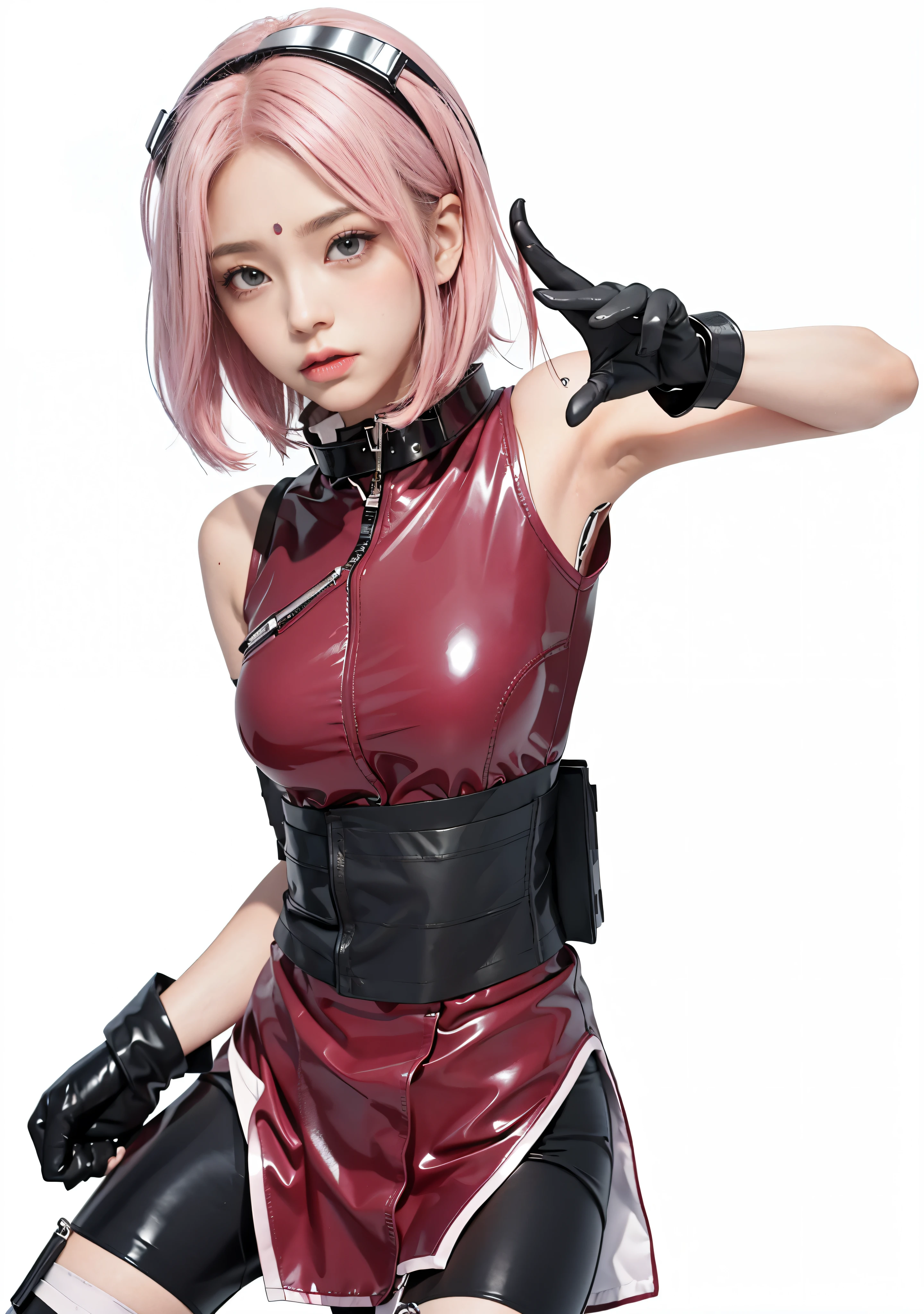 A head of pink hair、wearing black gloves、Woman with knife, Haruno Sakura, Haruno Sakura, Haruno Sakura in slug sage mode, Ono City, From Naruto, Haruya Yayoi, pink iconic character, bad posture, hints of Haruya Yayoi, Sarsura, Characters in anime style, anime characters, best anime characters design, female anime characters,Black headband,black clothes,Latex clothing,Latex clothing,Latex clothing,latex gloves,collar,collar,collar,collar,Latex clothing,Oil shiny