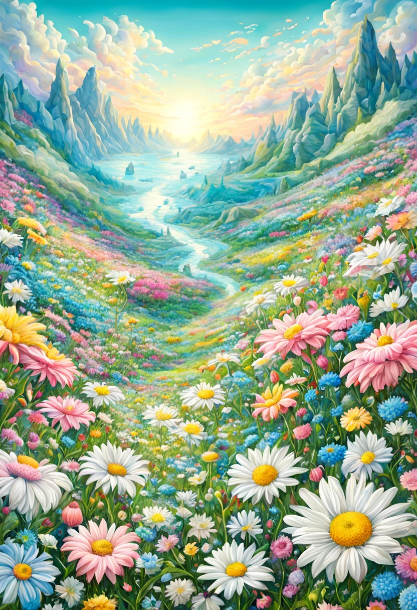 Morning sunlight soft colors fantasy flower field daisies and pastel flowers,Intricate Details Whimsical Fantasy Landscape Art Intricate Details, masterpiece, Beautiful detailed ultra high definition beautiful art 