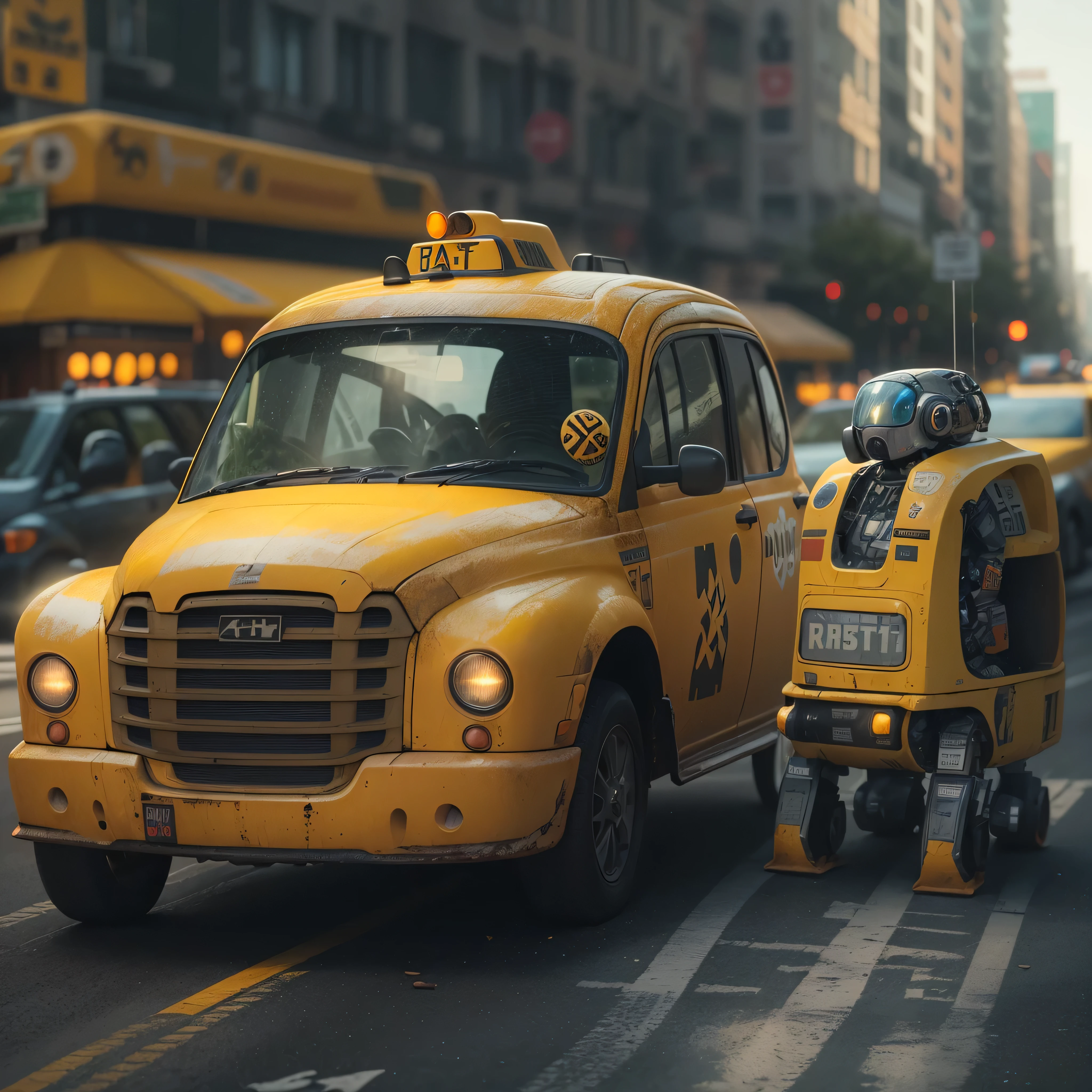 An artificial intelligence Cabdriver robot, in a yellow cab, and the robot is the driver, photo-realistic, octane render, unreal engine, ultra-realistic