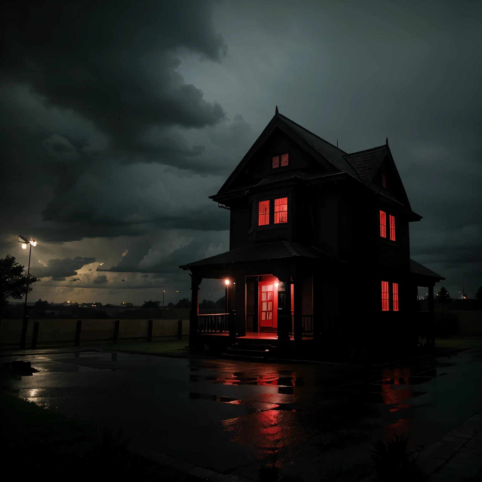 Horror house night with raining and wind sky is red