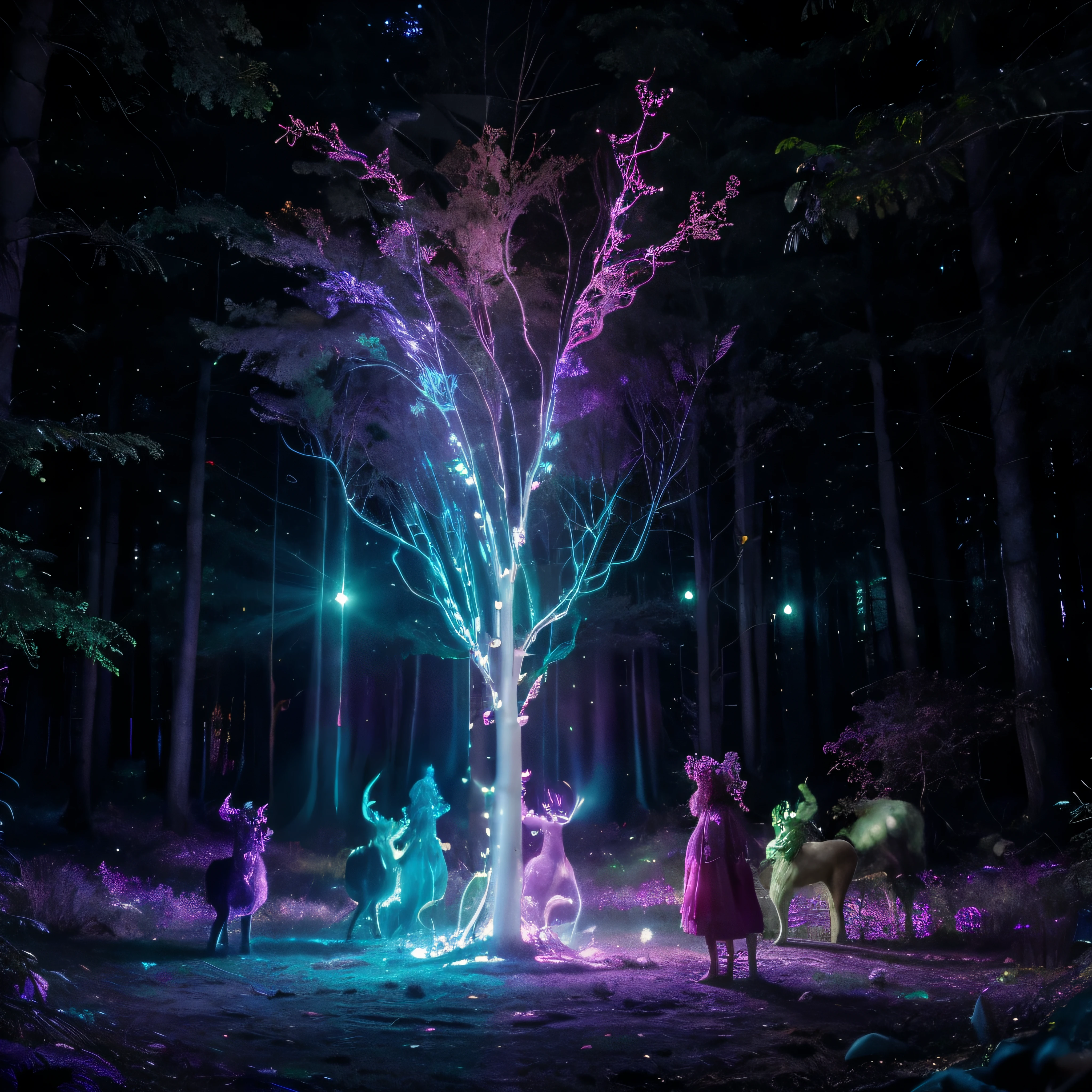 luminous transparent enchanted magical mythical forest glow in the dark style pink purple turquoise hues
with mythical creatures that are luminous and glowing
extremely luminous with bright colourful hues
high resolution photo 8k high definition quality