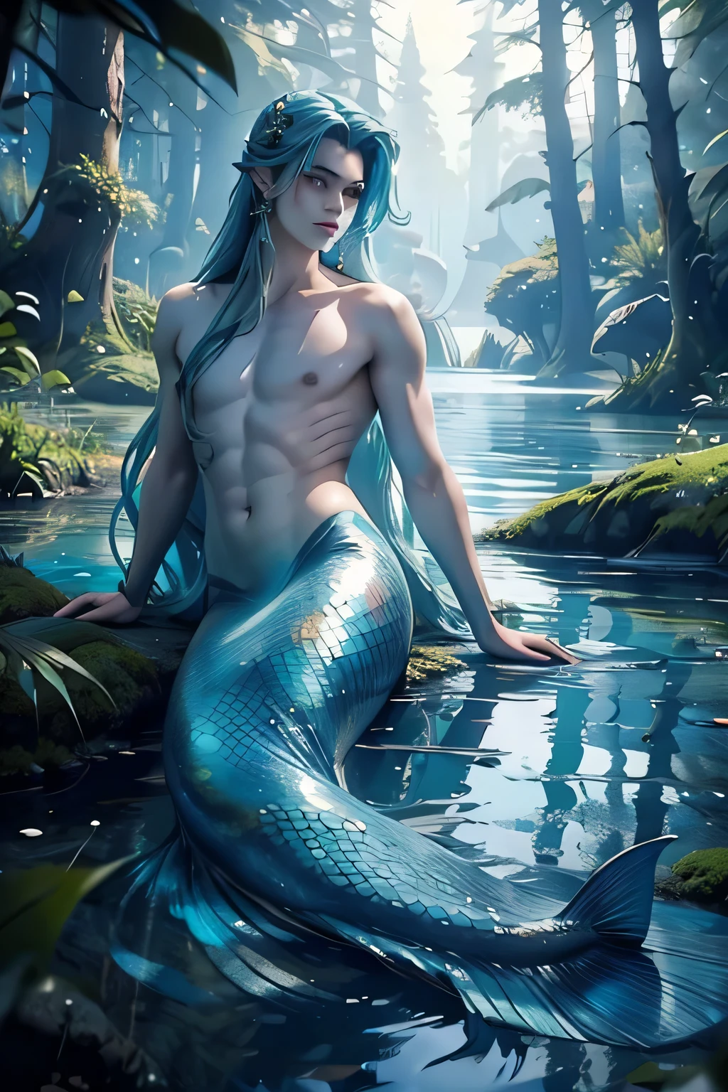 ((Mejor calidad)), ((Obra maestra)), 8K (detallado), ((cara perfecta)), ((Medio cuerpo)) perfect proporcions, el es una sirena, He is beautiful, he is 18 years old, he has long sky blue hair, tiene la piel blanca, el tiene una cara hermosa, el tiene una cola de sirena, tiene orejas de sirena, el tiene ojos hermosos, he is inside a lake in a forest, el es una sirena, He is beautiful, he is 18 years old, he has long sky blue hair, tiene la piel blanca, el tiene una cara hermosa, el tiene una cola de sirena, tiene orejas de sirena, el tiene ojos hermosos, he is inside a lake in a forest ((cara perfecta)) 8K