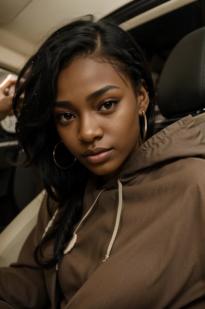 20 year old black woman, who has a very natural face, thin lips, thin eyes, thin eyebrows, thin nose, earrings, long eyelashes .Who kisses a boy behind a car