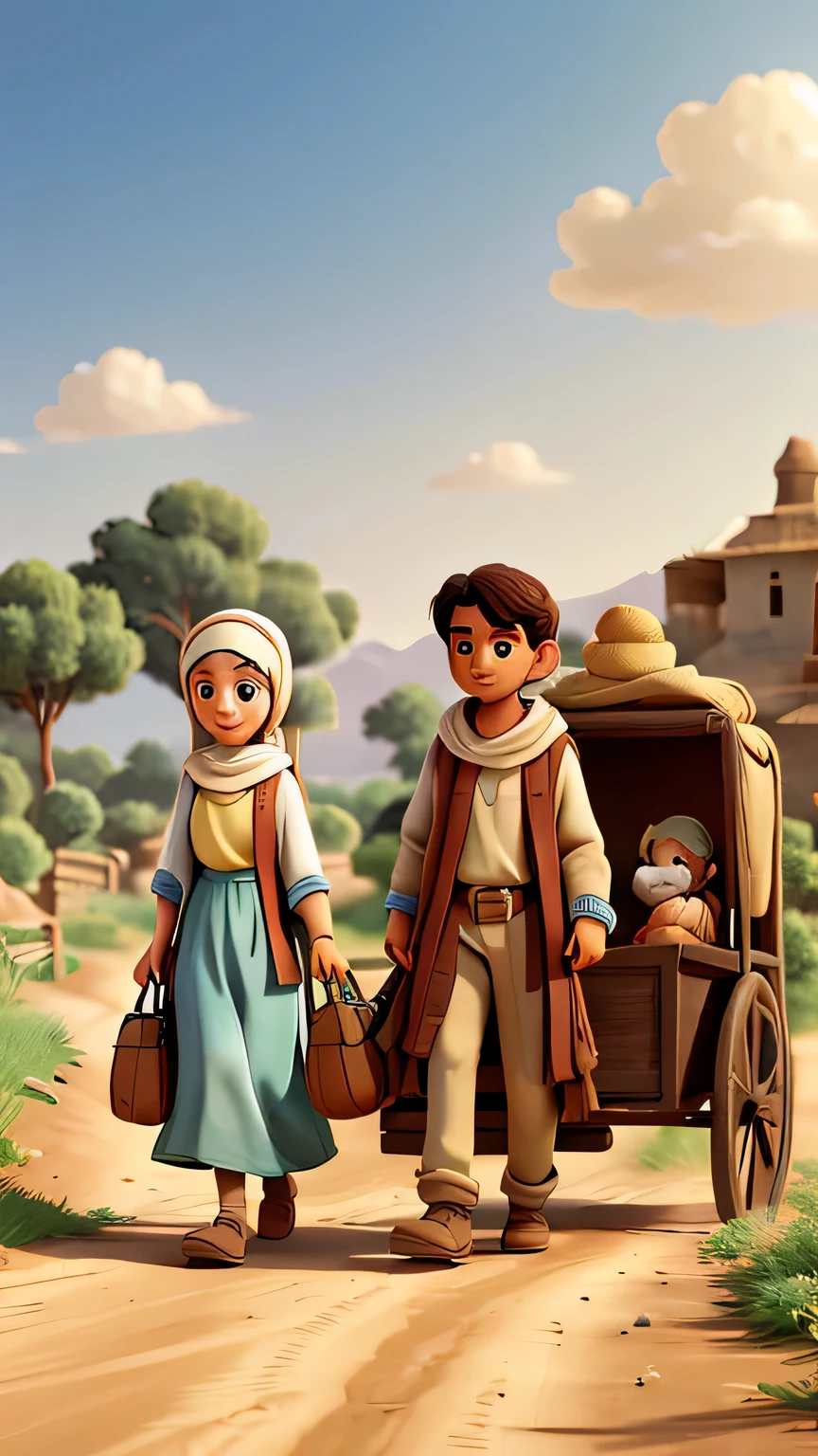 An illustration showing Mary and Joseph walking along a dusty road in simple clothes, talvez puxando um burro carregando seus pertences, Estilo Disney.