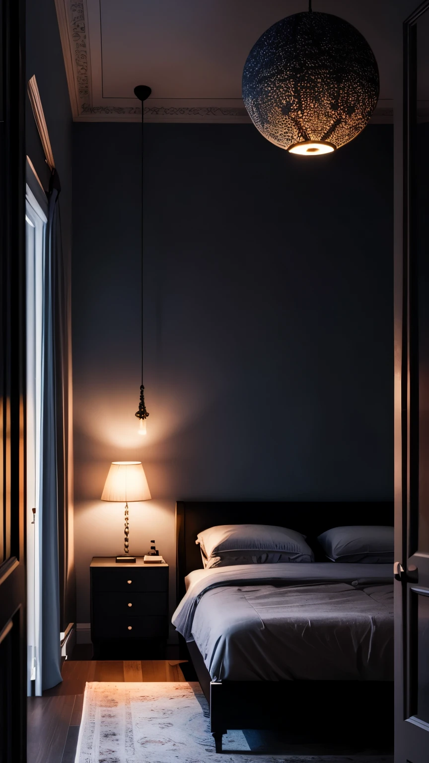 Dark interior of a bedroom, illuminated by moonlightDark interior of a bedroom, illuminated by moonlight