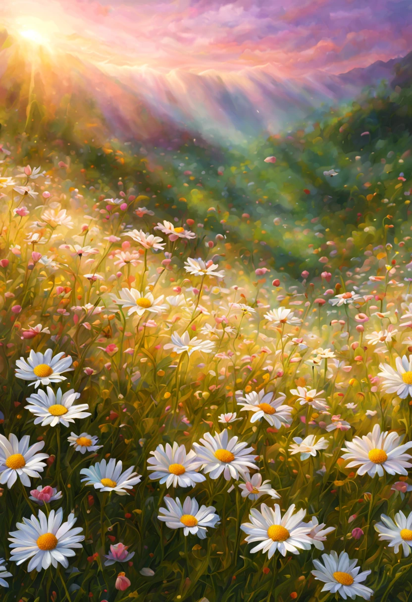 Morning sunlight soft colors fantasy flower field daisies and pastel flowers,Intricate Details Whimsical Fantasy Landscape Art Intricate Details, masterpiece, Beautiful detailed ultra high definition beautiful art 