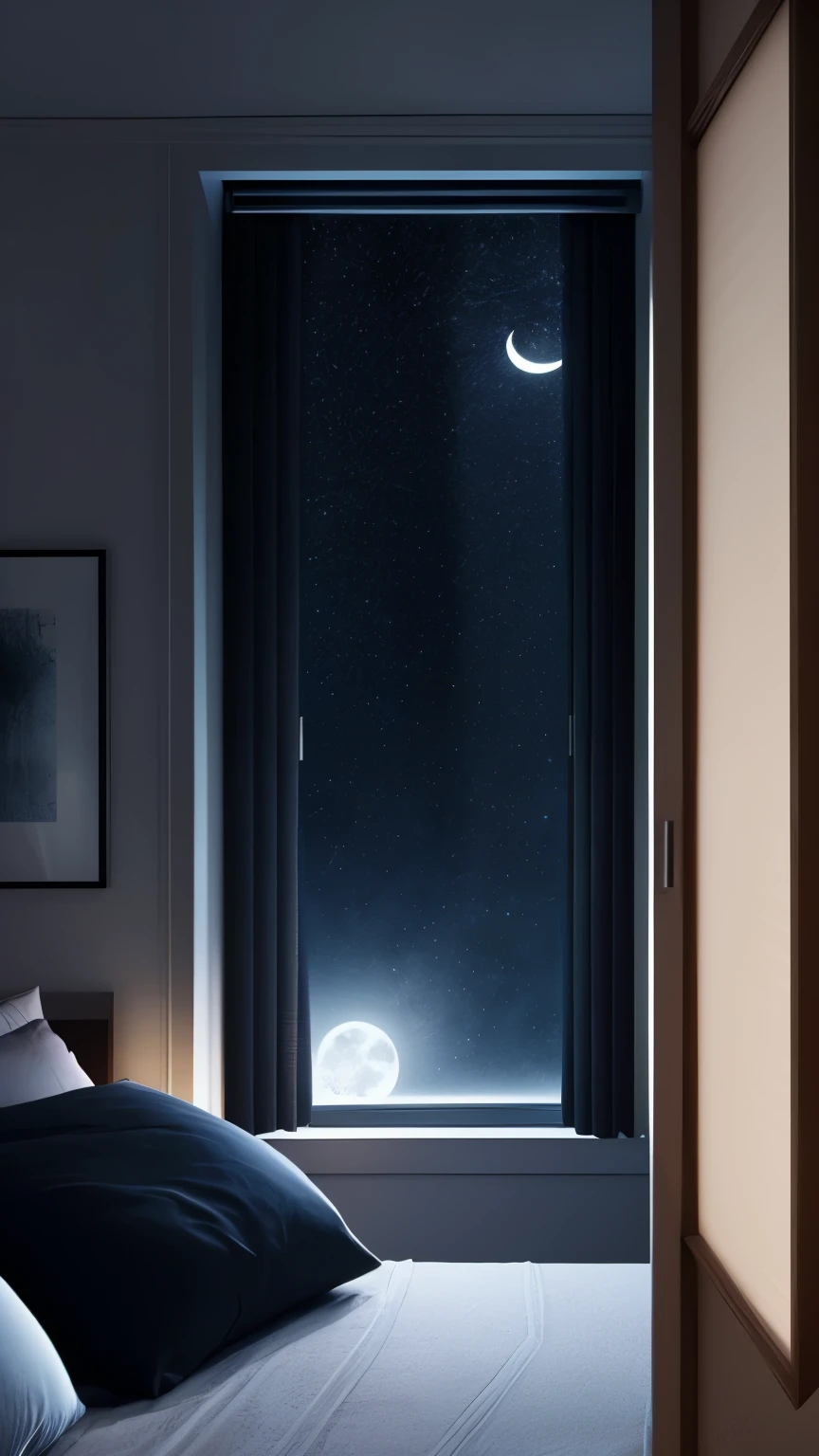 Dark interior of a bedroom, illuminated by moonlight, close to the window. Blinds slightly raised, revealing a dark night sky