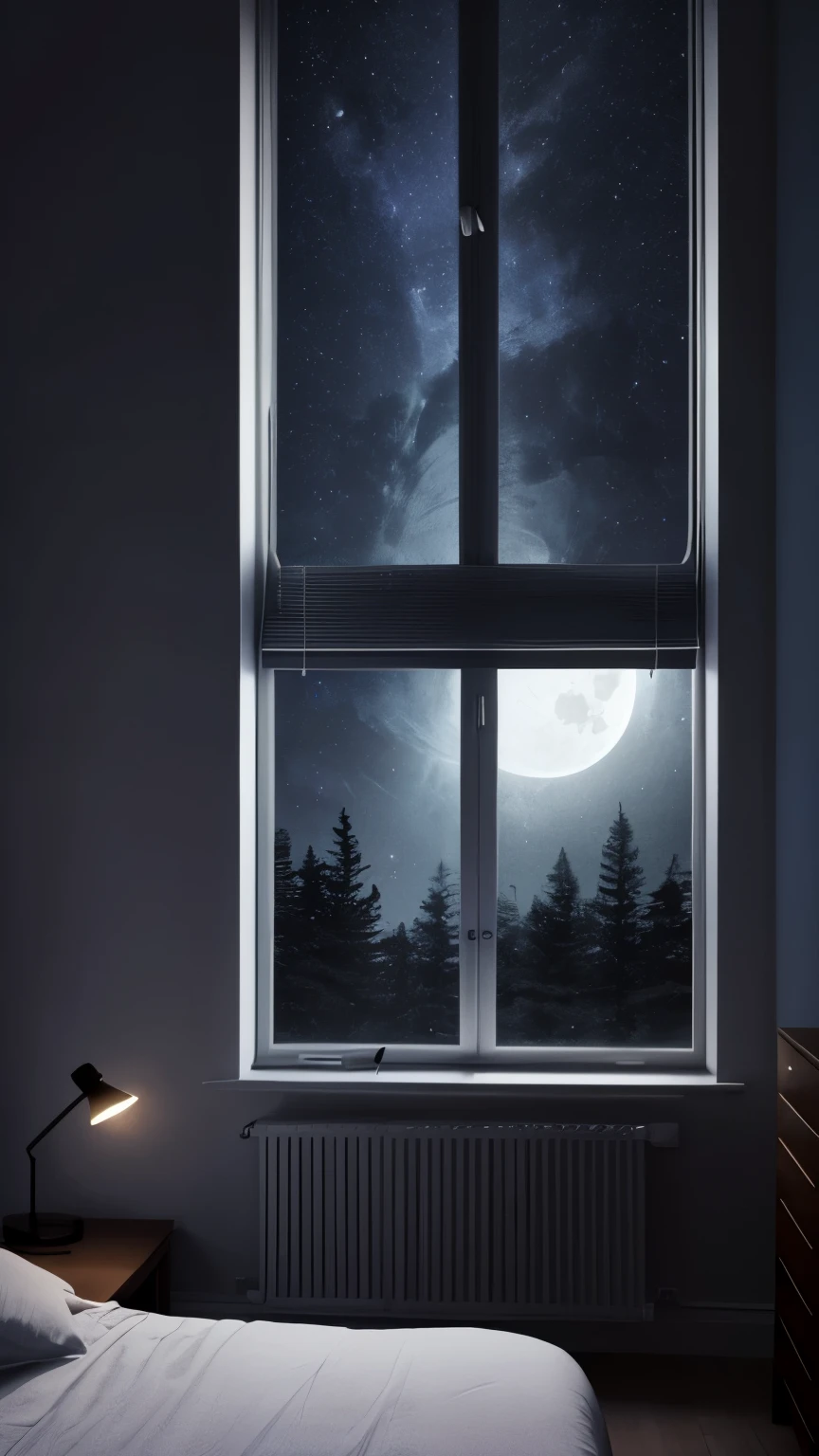 Dark interior of a bedroom, illuminated by moonlight, close to the window. Blinds slightly raised, revealing a dark night sky