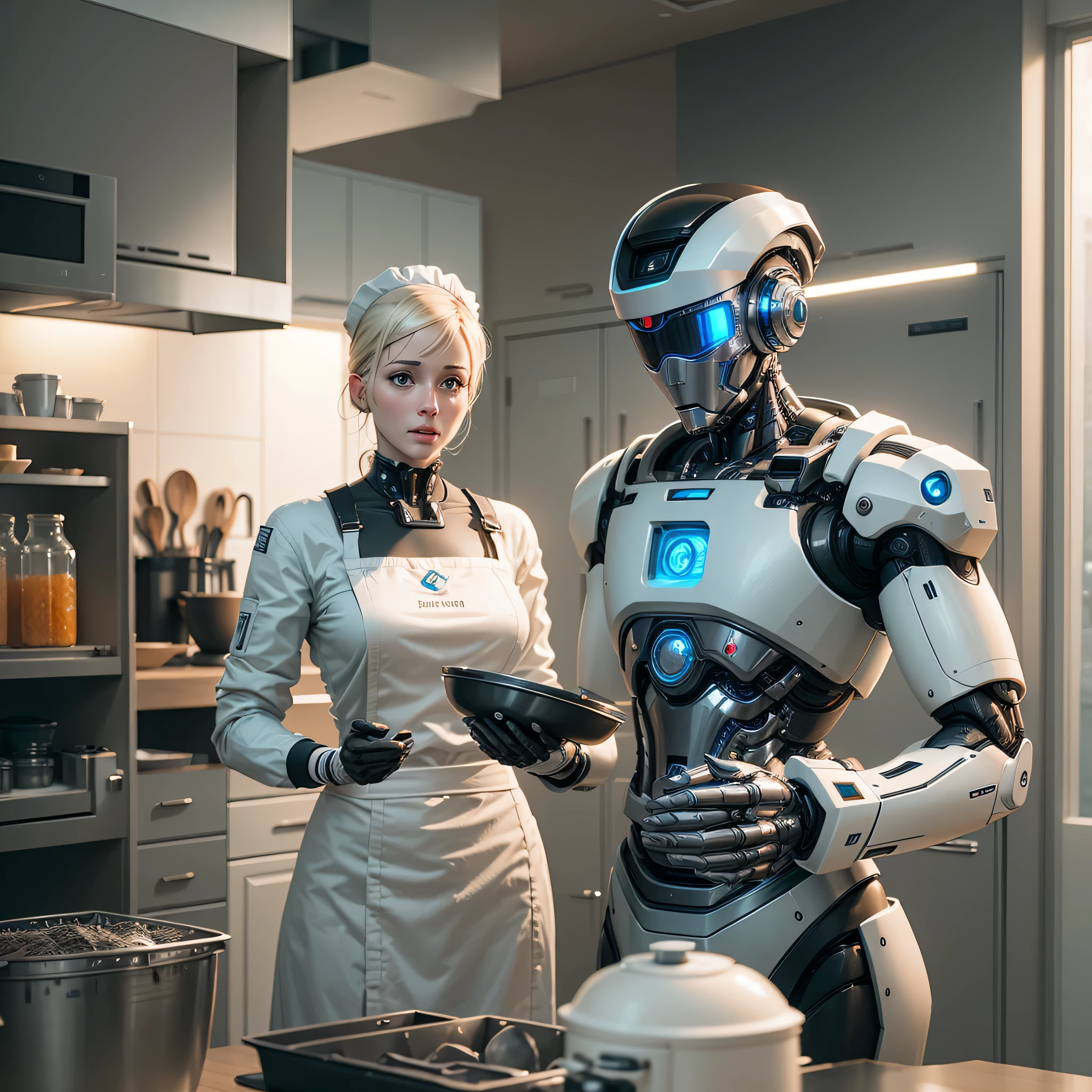 An artificial intelligence chef robot, in a kitchen, and the robot is the cook, photo-realistic, octane render, unreal engine, ultra-realistic