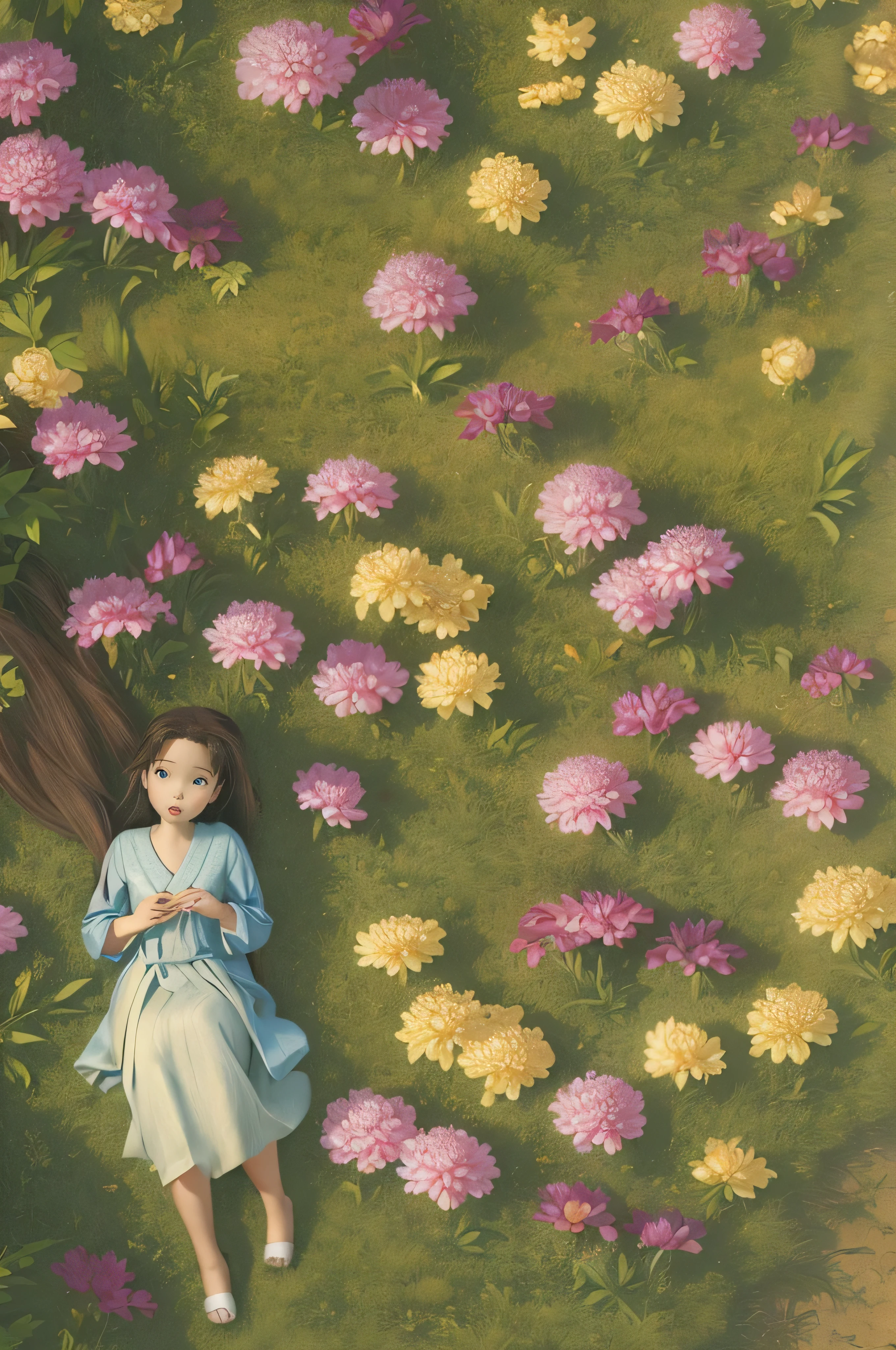 (best quality, 4K, 8K, high resolution, chef-d&#39;artwork: 1.2) ultra-detailed, (realistic, photorealistic, photo-realistic: 1.37), des champs de fleurs colorées à perte de vue, little fairy flying above the flowers, ciel bleu-violet et soleil couchant, fleurs sauvages vibrantes, des parterres de fleurs s&#39;extending as far as the eye can see, petals lit by the setting sun gently swaying in the breeze, detailed petals and delicate stamens, textures impeccables et détails complexes, natural lighting casting soft shadows, variations subtiles de teinte et de saturation, serein et apaisant, paisible et harmonieux, prairies colorées pleines de vie, bonheur botanique, symphonie florale, spring abundance, feuillage vert abondant, palette de couleurs de la nature.
