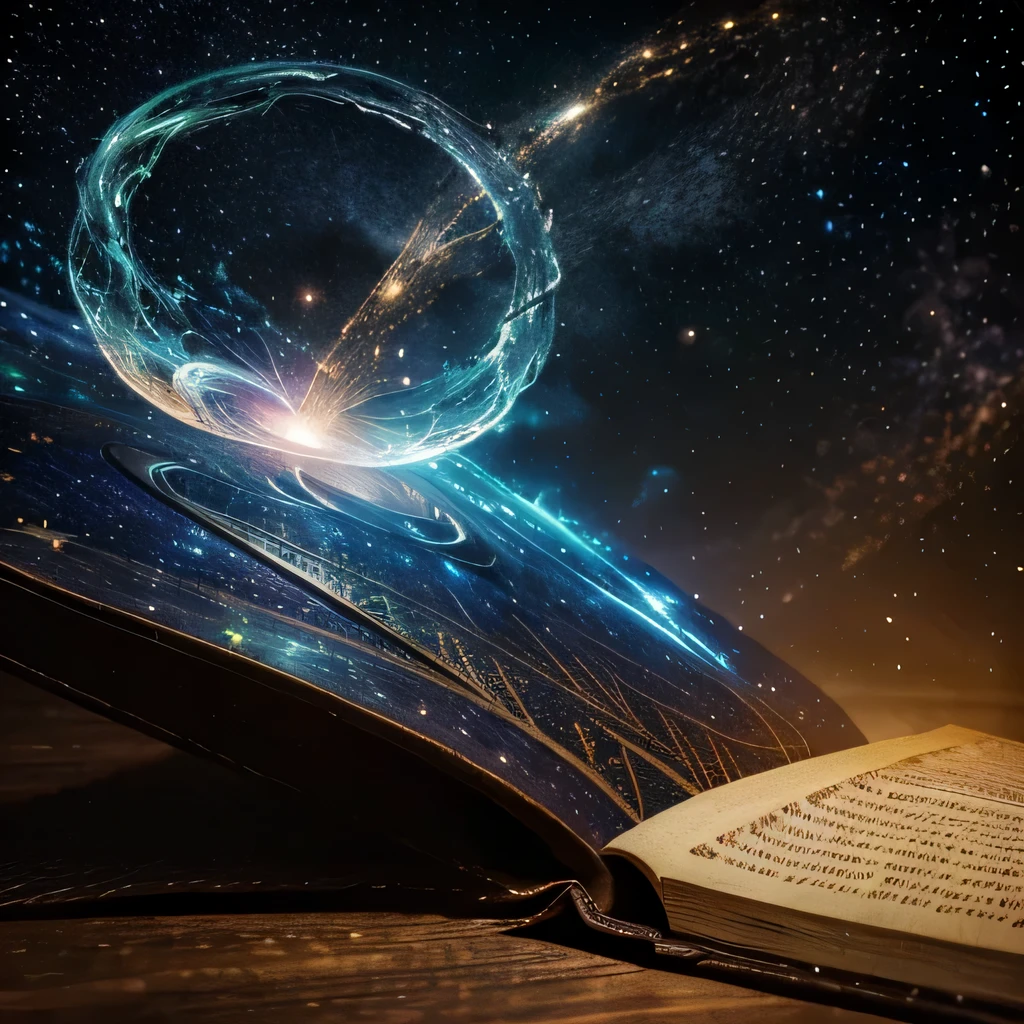 open enchanted book with galaxy mythical magical glowing energy on the page, hyper detailed masterpiece, dynamic realistic, ancient old world appearance exploding out the pages
high resolution photography,
extremely realistic detail