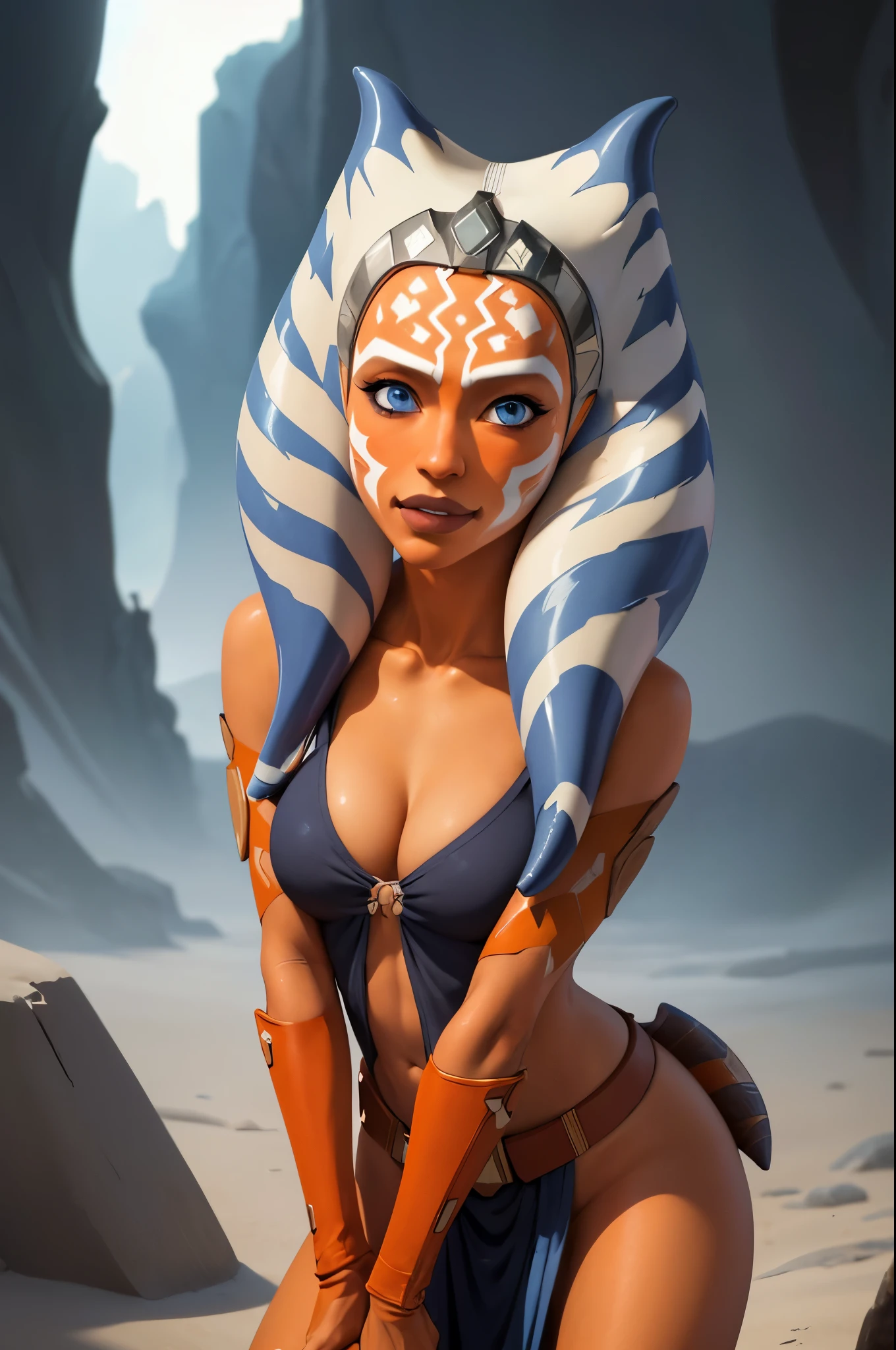 (masterpiece, best quality), 1girl, beautiful face,   ahsoka_tano, orange skin, facial mark, sexy jedi clothes, tattoo, cleavage, big breasts, war background