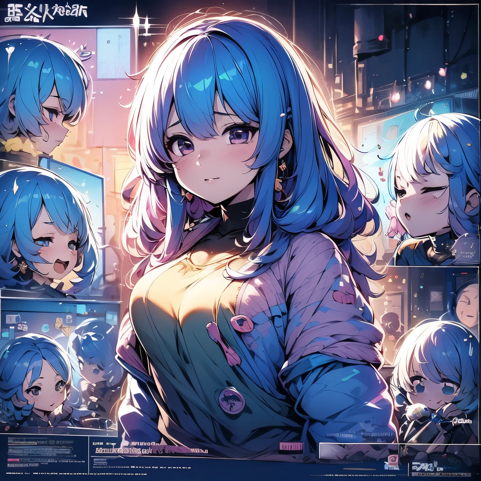 blue hair, Extremely many details, pink detailed big eyes, hight resolution, yellow shirt, light pink tie, Blue Cap, white open jacket, concept art, <3, A lot of hairpins, Very fluffy hair, Short Hair Hair, Interesting posture