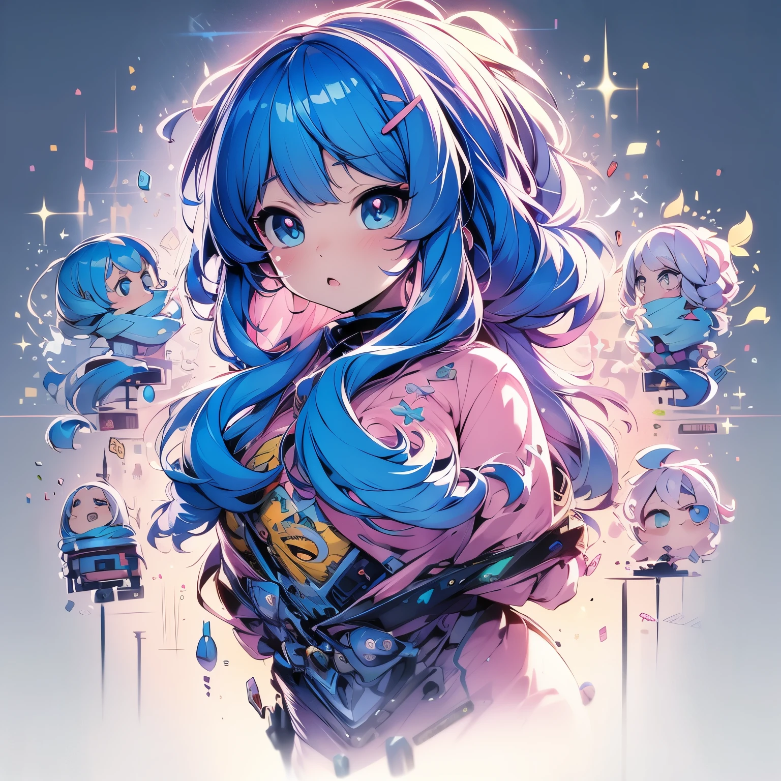 blue hair, Extremely many details, pink detailed big eyes, hight resolution, yellow shirt, light pink tie, Blue Cap, white open jacket, concept art, <3, A lot of hairpins, Very fluffy hair, Short Hair Hair, Interesting posture