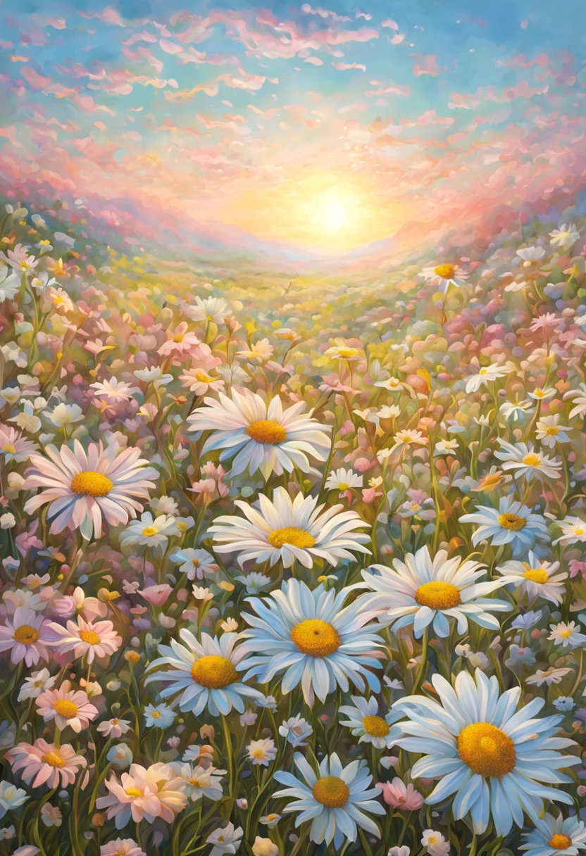 Morning sunlight soft colors fantasy flower field daisies and pastel flowers,Intricate Details Whimsical Fantasy Landscape Art Intricate Details, masterpiece, Beautiful detailed ultra high definition beautiful art