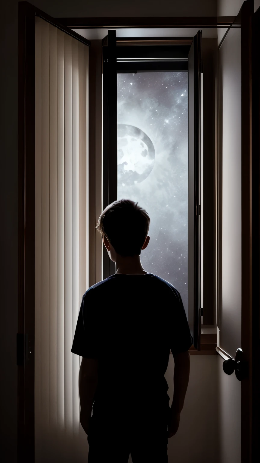 Dark interior of a bedroom, illuminated by moonlight, close to the window. Blinds slightly raised, revealing a dark night sky a teen standing back from the window, face pale with fear, scared