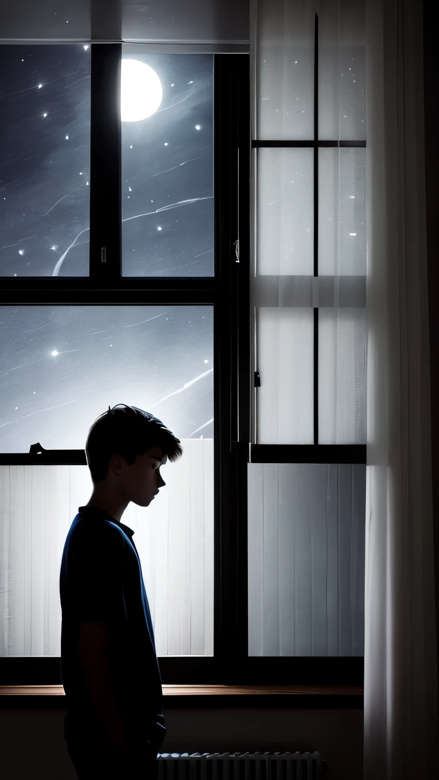 Dark interior of a bedroom, illuminated by moonlight, close to the window. Blinds slightly raised, revealing a dark night sky a teen standing back from the window, his face pale with fear, he's scared