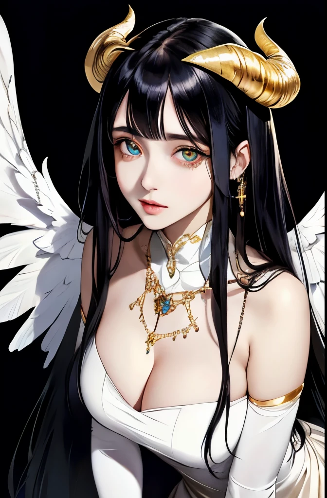 photo of a iom girl, Albedo from Nazarick, best highres, best highest quallity, illustration, cinematic light, ultra detailed, detailed face, sweet face, (detailed eyes:1.05), (realistic eyes:1.05), anime girl, best quality, hyper detailed, beautiful masterpiece, masterpiece, (detailed_face), highest details, luminous_eyes, medium breats, beautiful niples, an impeccable beauty, white clothes, lustrous jet-black hair and the face of a goddess, golden irises and vertically split pupils; on her left and right temples are two thick horns protruding crookedly, and on her waist are a pair of black angel wings, a pure white dress with silky gloves covering her slender hands and a golden spiderweb necklace that covers her shoulders and chest