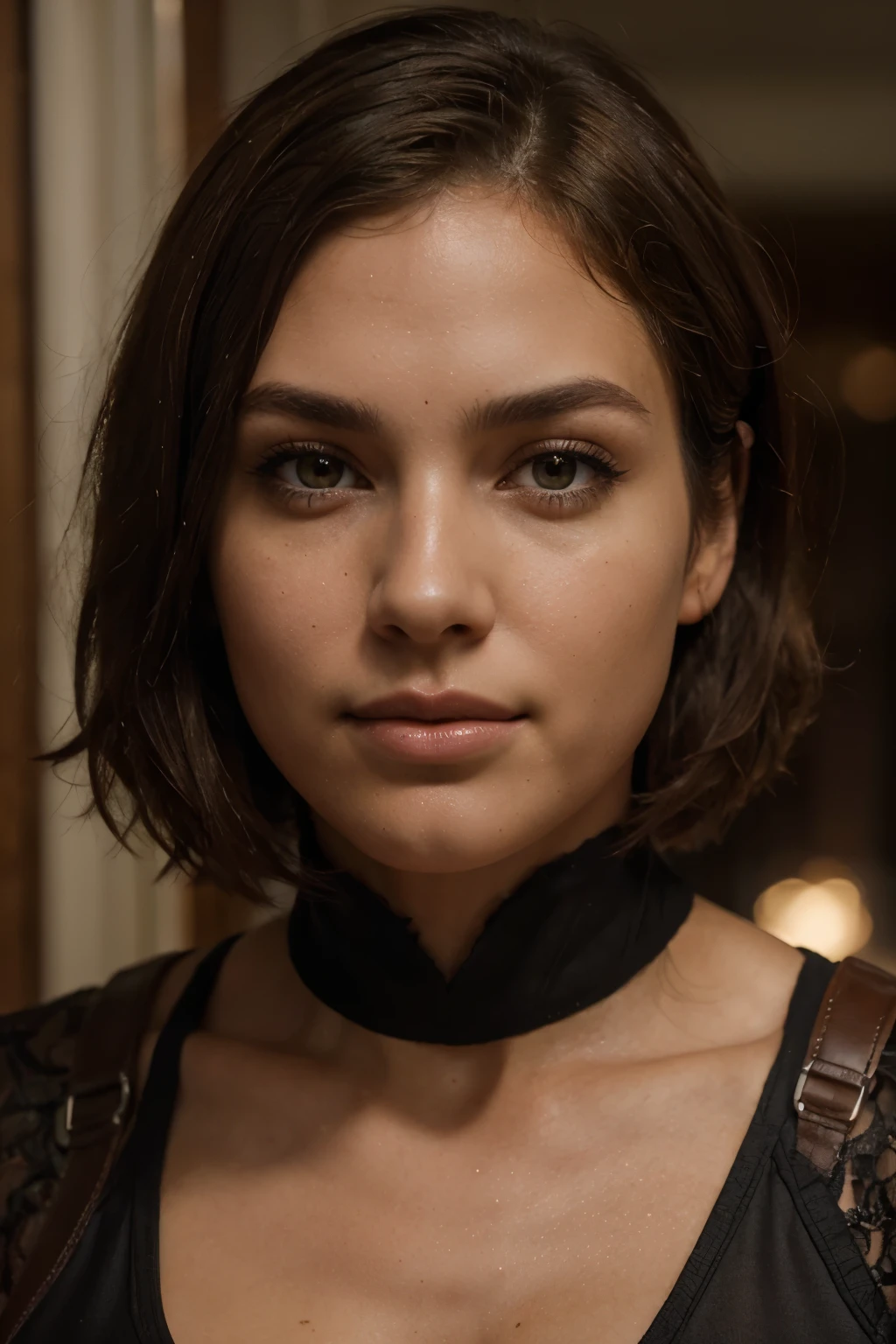 Breathtaking cinematic photo of a 30 year old girl with brown hair and brown eyes, happy, cheerful expression, closed mouth, beautiful lips, intricate details, shallow depth of field, highly detailed, high budget, epic Hollywood film, gorgeous, masterpiece, award-winning, professional, highly detailed, detailed skin texture, (blush: 0.5), (goosebumps: 0.5). (the most beautiful woman in the world) (brown hair) (short curly hair, wild hair, stylish cut) thin face, thin nose, beautiful, very beautiful, perfect face, slender body (slender), (brown hair) (brown eyes ) (white skin) Beautiful body, western face, predatory eyes, pink lips, thick thighs. full body, western beauty, thin nose, beautiful, perfect, ((best quality)), ((ultra resolution)), ((photorealistic: 1.4)), (intricate details), perfect face, makeup: 1.5 , clear face, facial details. front view ((uniform, tactical costume, agent costume, spy))