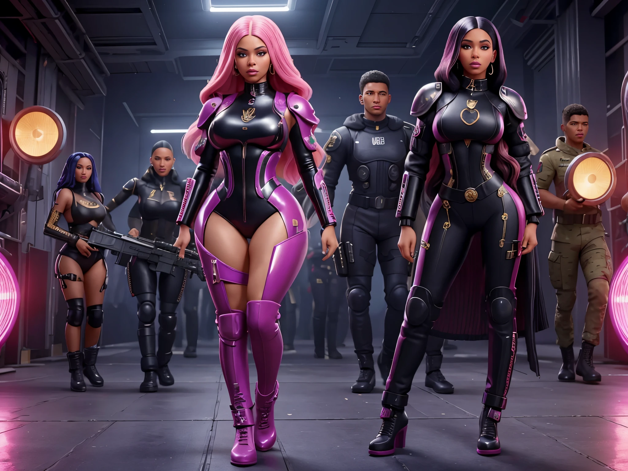 (imagem com qualidade 4k) Nicki Milm para vogue, Nicki Minaj, Nicki Minaj curvas, tracos do rosto da beyonce, traje de general de guerra, cantora negra, no seu show, with your cyberpunk dancers with guns