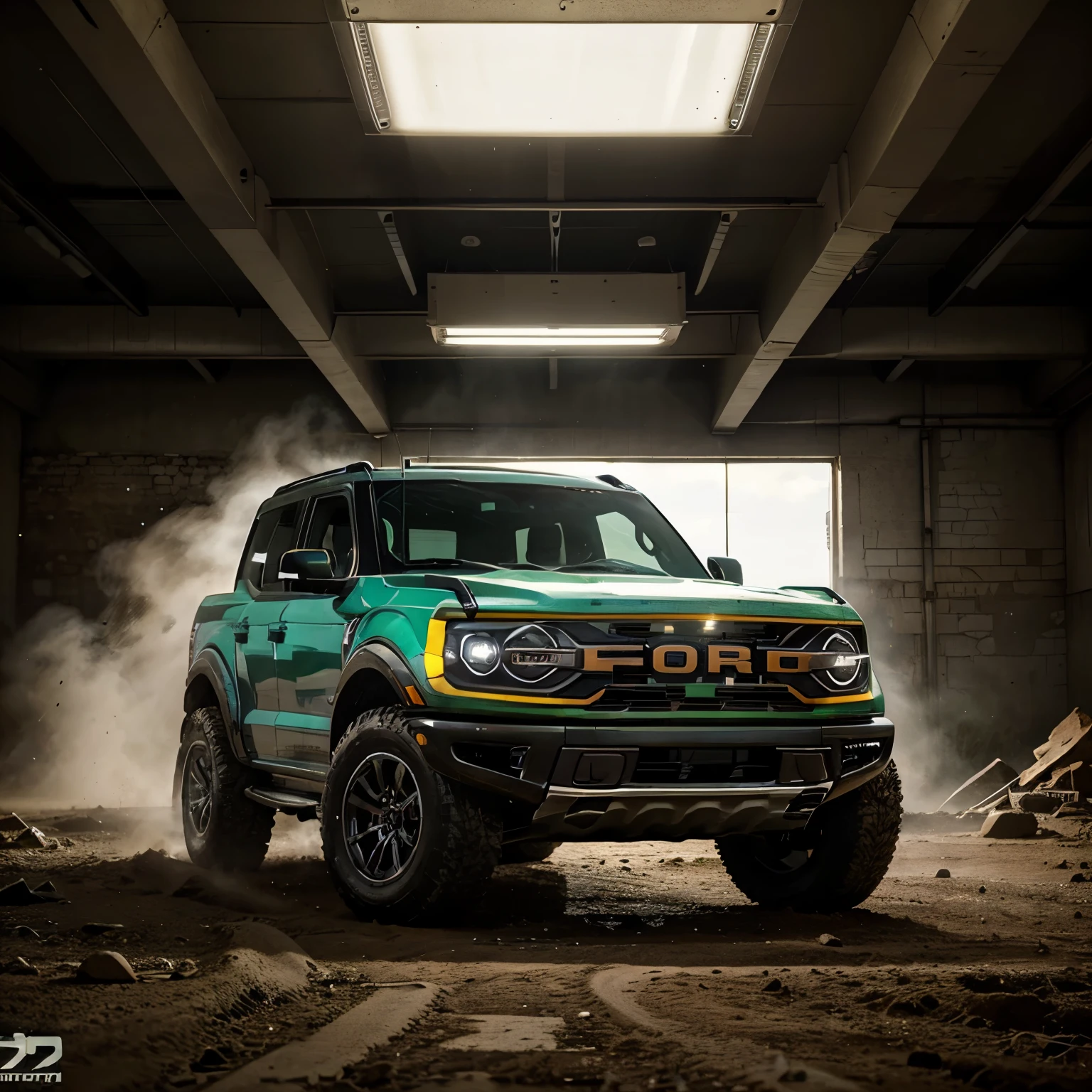 2024 Ford Bronco Raptor in eruption metallic green at a Ford dealership in Connecticut, 8K, detailed, gobal illumination, perfect lighting, accurate color, (masterpiece 1.21), ford, Bronco, Raptor,