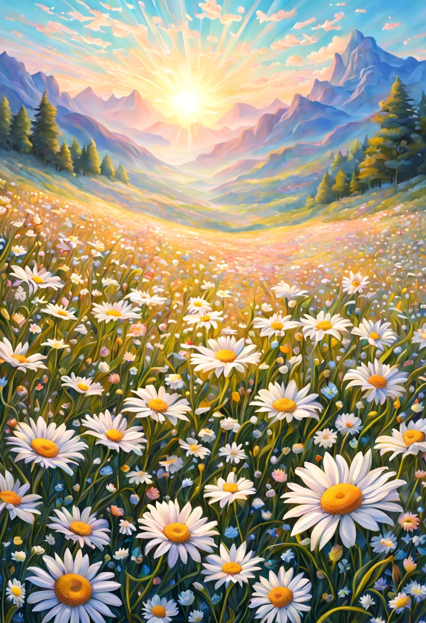 Morning sunlight soft colors fantasy flower field daisies and pastel flowers,Intricate Details Whimsical Fantasy Landscape Art Intricate Details, masterpiece, Beautiful detailed ultra high definition beautiful art 