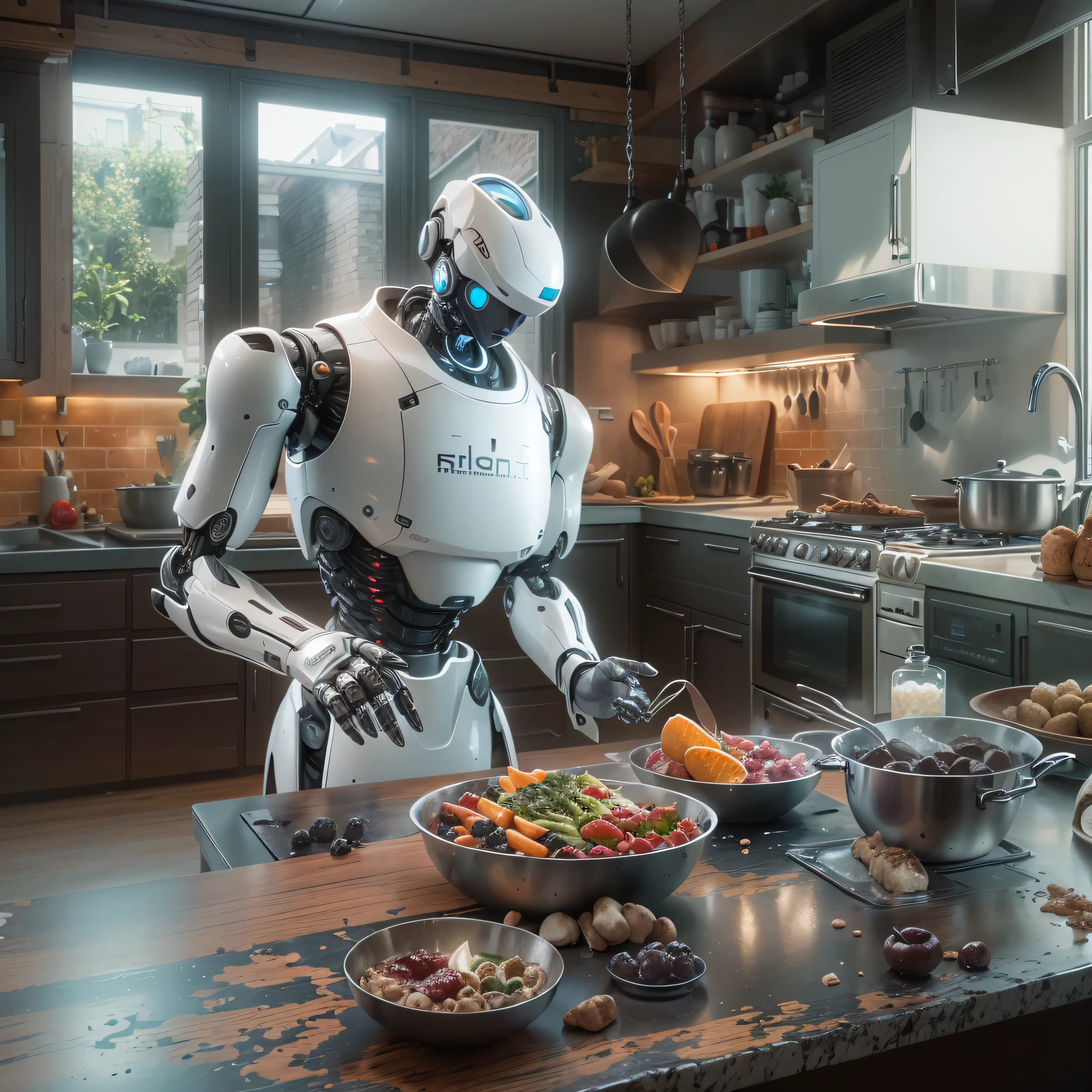 An artificial intelligence chef robot, in a kitchen, and the robot is the cook, photo-realistic, octane render, unreal engine, ultra-realistic