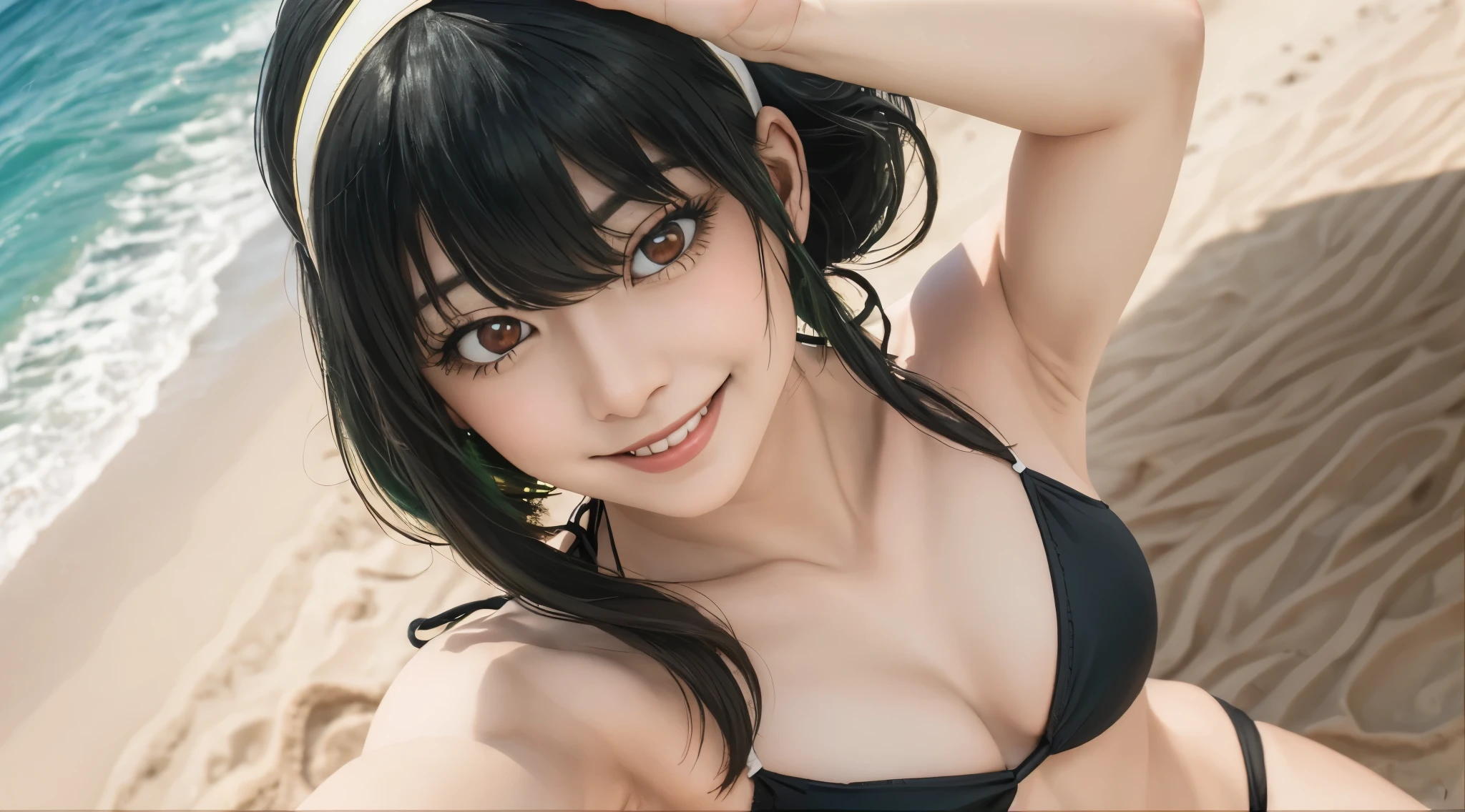 highest quality, 8K, Super detailed, photorealistic, Real Negative Prompt Masterpiece, highest quality, 8k, ultra high resolution, highest quality, best writing, beautiful face, (red eyes:1.3), light green hair, Long hair Short hair、white hair band、red eyes、(Black Bikini:1.3), beach, outdoors, The best sunshine, smile, thin, free pose