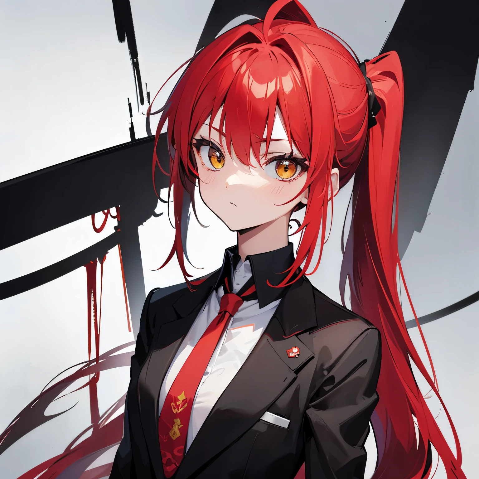 red ponytail hair, wear unifrom, black tie, yellow eyes