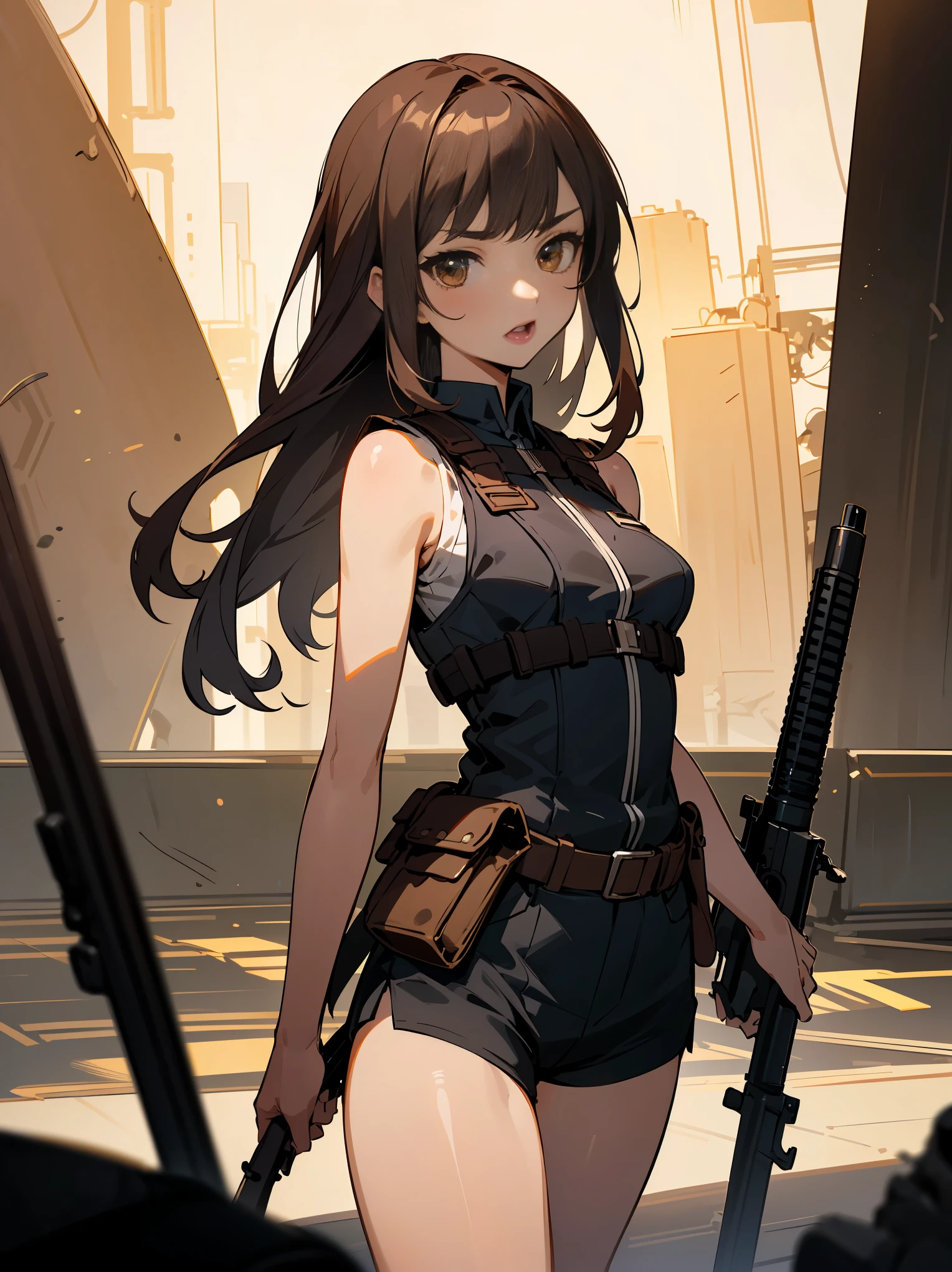 ((fine lineart)), (masterpiece,best Quality),extremely beautiful detai led anime face and eyes,cowboy shot,gal.safetensors,20-year-old、Beauty,monster hunter、solo, brown hair,long hair,brown eyes,Small open mouth、slender body,very small head、medium breasts,brown skin,gleaming skin,oily skin,shiny skin,walk,(Black combat uniform,black tactical vest、sleeveless),carry an automatic rifle、black Micromini shorts,Collapsed high-rise buildings、apocalyptic world、Ruined Tokyo、moonlight、at night、