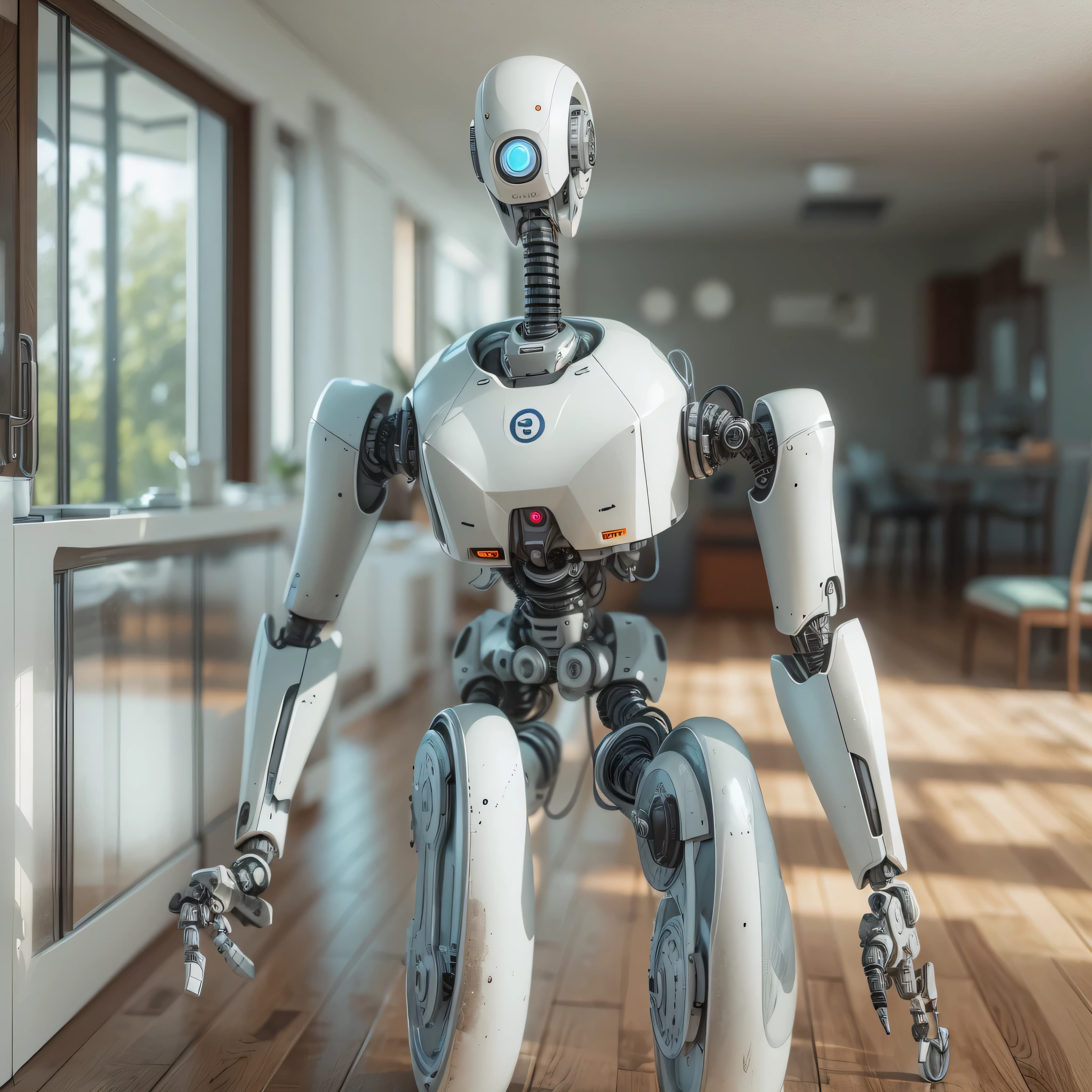 A Modern flat toon Crazy whit a Only Eye Robot and helmet Style, tongs in hands, Tv head, pinhead, camouflage White Rusty, Ambient in a space war super detailed, center, beautiful, soft lighting, focused on the character, 4K resolution, photorealistic rendering.