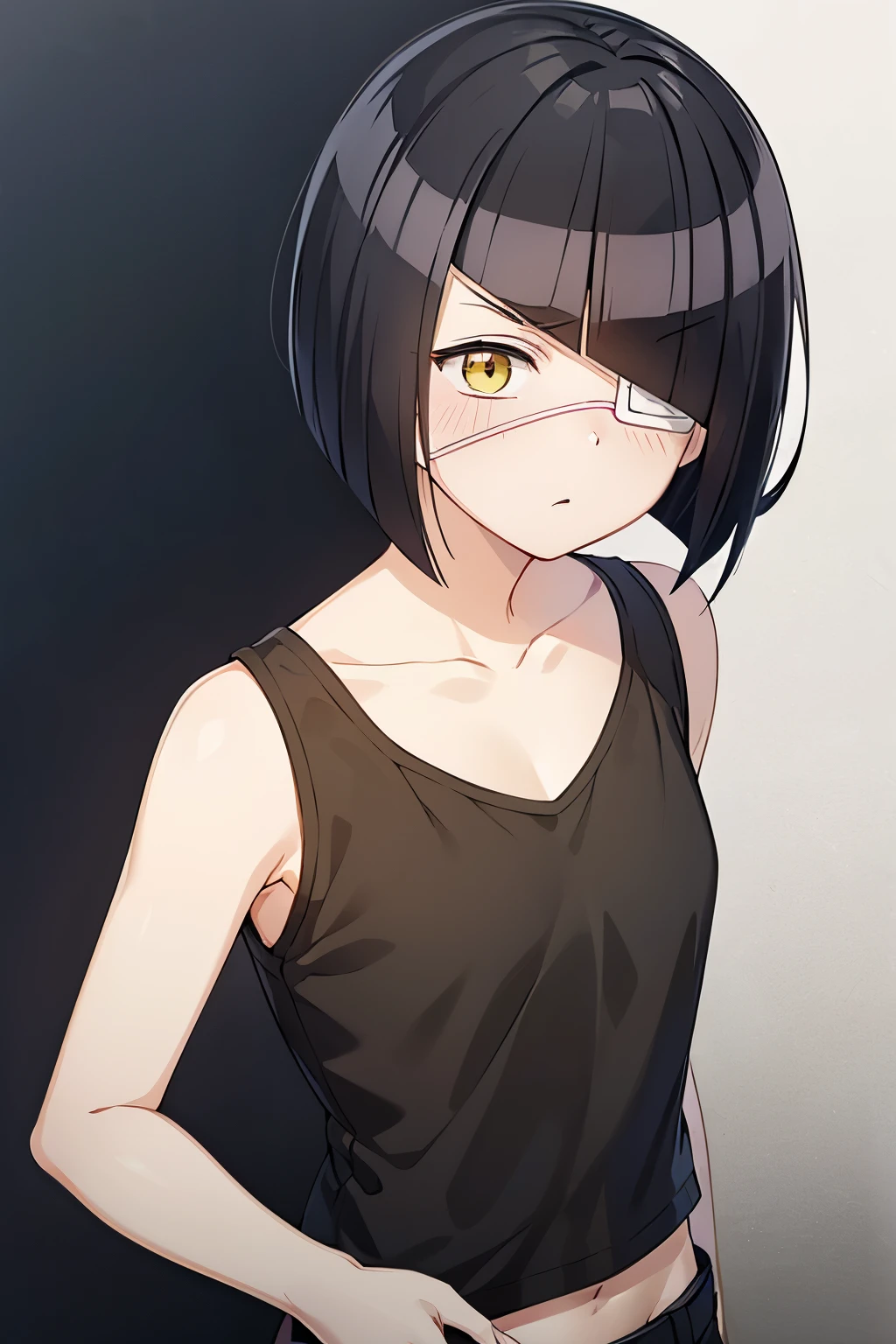 girl, nakanaka_omoharu, black hair, short hair, flat chest, golden eyes, white eye patch, casual outfit, black shirt, sleeveless shirt, bare shoulders, fingerless gloves, black socks, shy, blush, averting gaze, hearts, heart symbols, bare midriff, bare legs, bare crotch